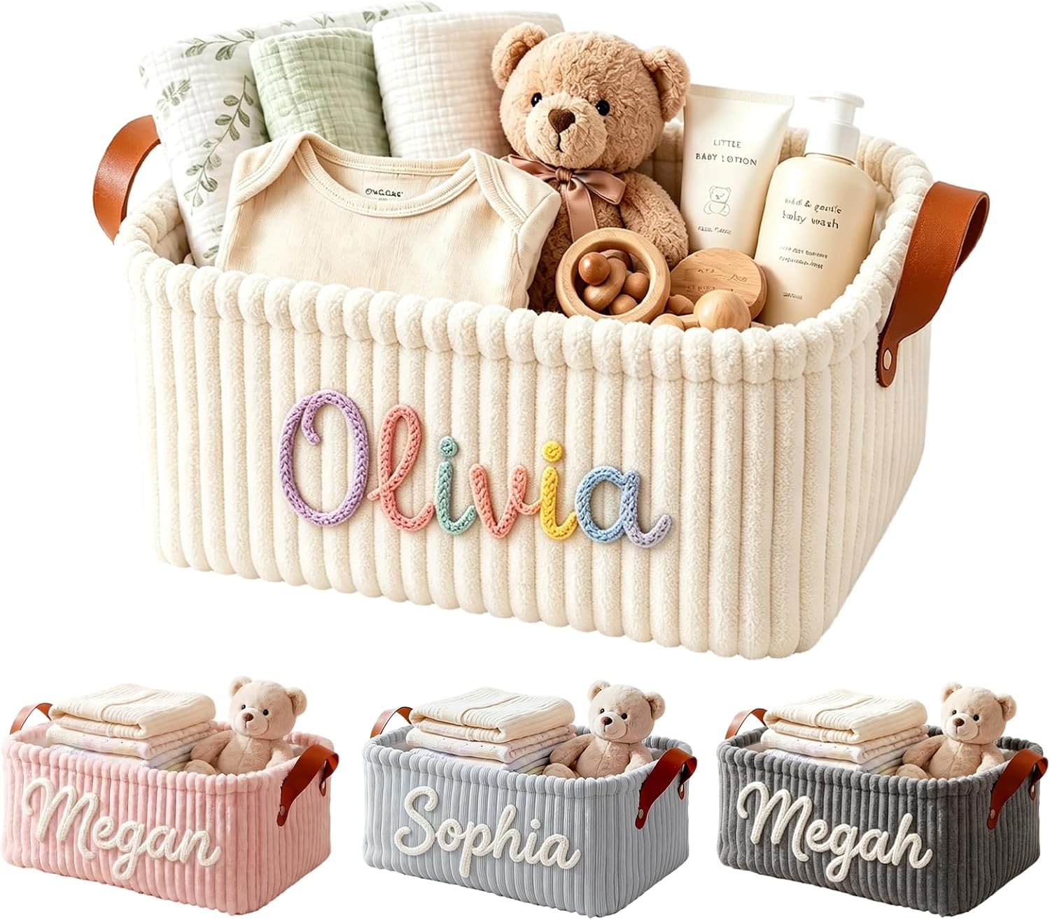 Large Capacity Personalised Corduroy Storage Basket for Baby Boy Girls with Knitted Name, Custom Shower Gifts, Nursery Storage Organizer Bin w/ Handles, Diapers Cady Toys Clothes Box