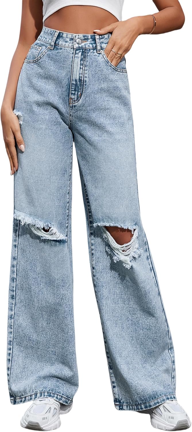 Women’s Wide Leg Ripped Baggy Jeans Distressed Stretchy High Waist Loose Fit Boyfriend Denim Pants Y2K