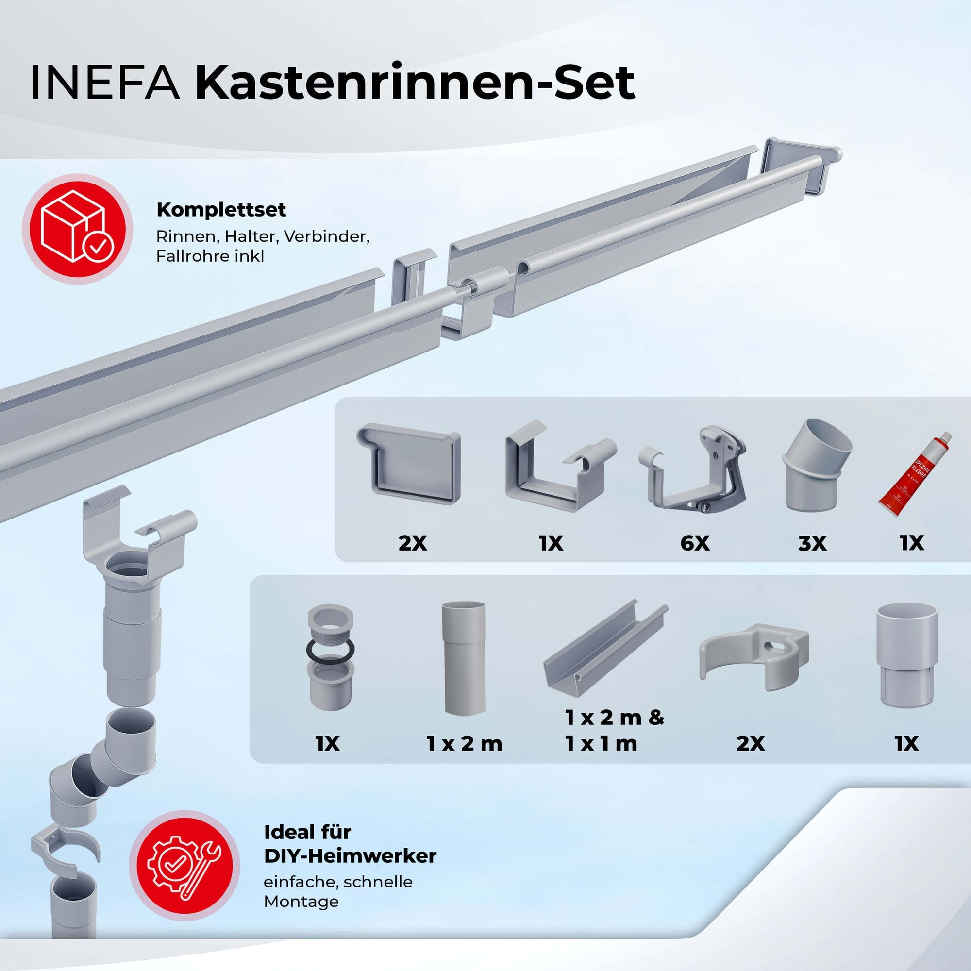 INEFA Dachrinnen-Set Kunststoff Kastenrinne 3m x NW83 / 83mm Braun | Regenrinne und Fallrohr aus PVC-U für eine Dachseite am Gartenhaus, Carport, Terrasse & Pavillion, inkl. Montagezubehör
