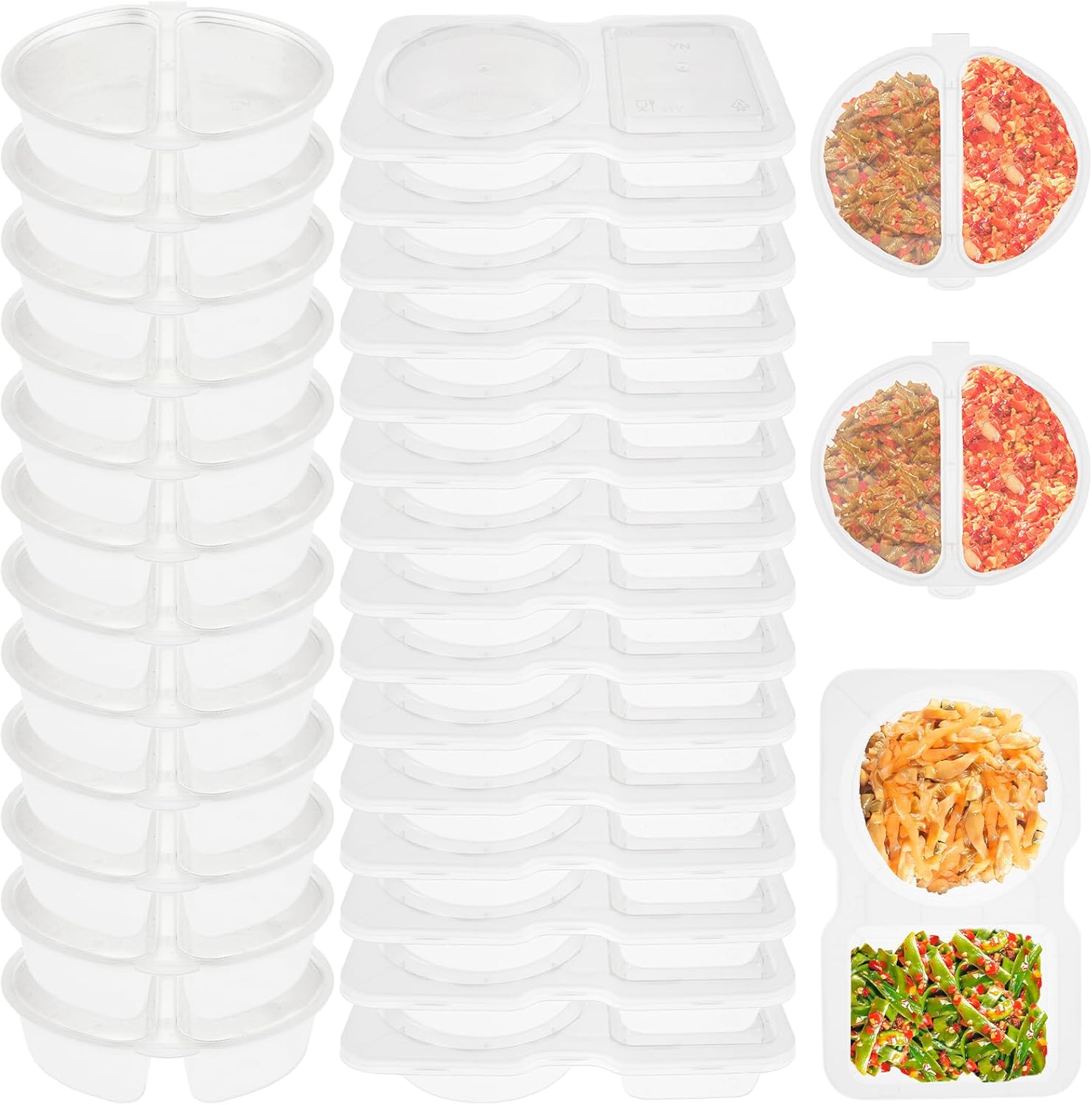 90Pcs Double Condiment Lids Portable 2 Compartment Snack Containers Clear Double Compartment Sauce Container Portion Cups 100ml and 130ml