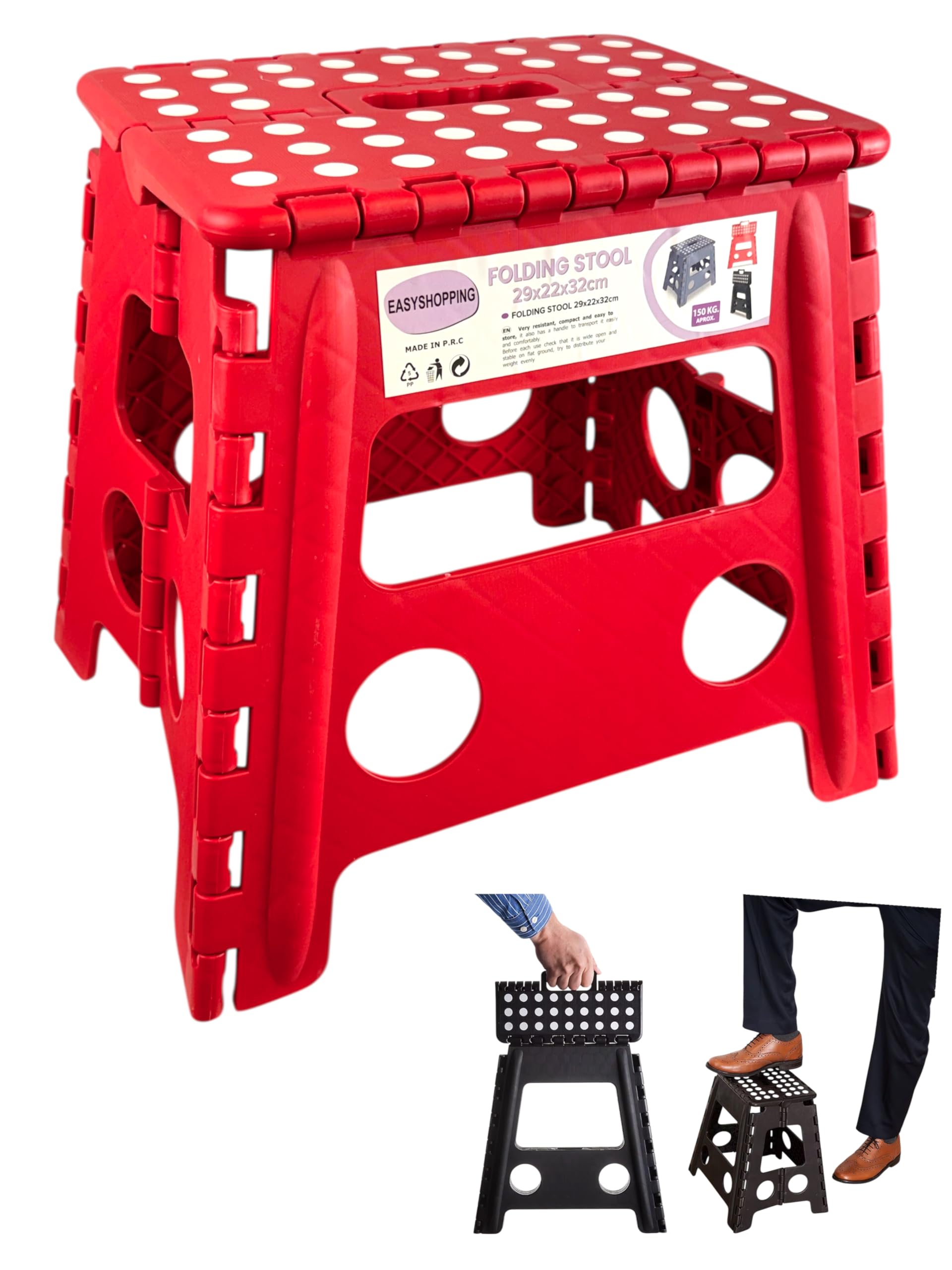Heavy Duty Folding Step Stool 12.5"/32cm Non Slip Footstool for Toddlers, Children & Adults | Portable, Lightweight Plastic Footstep Carrying Handle for Indoor or Outdoor, 150kg Capacity (Red)