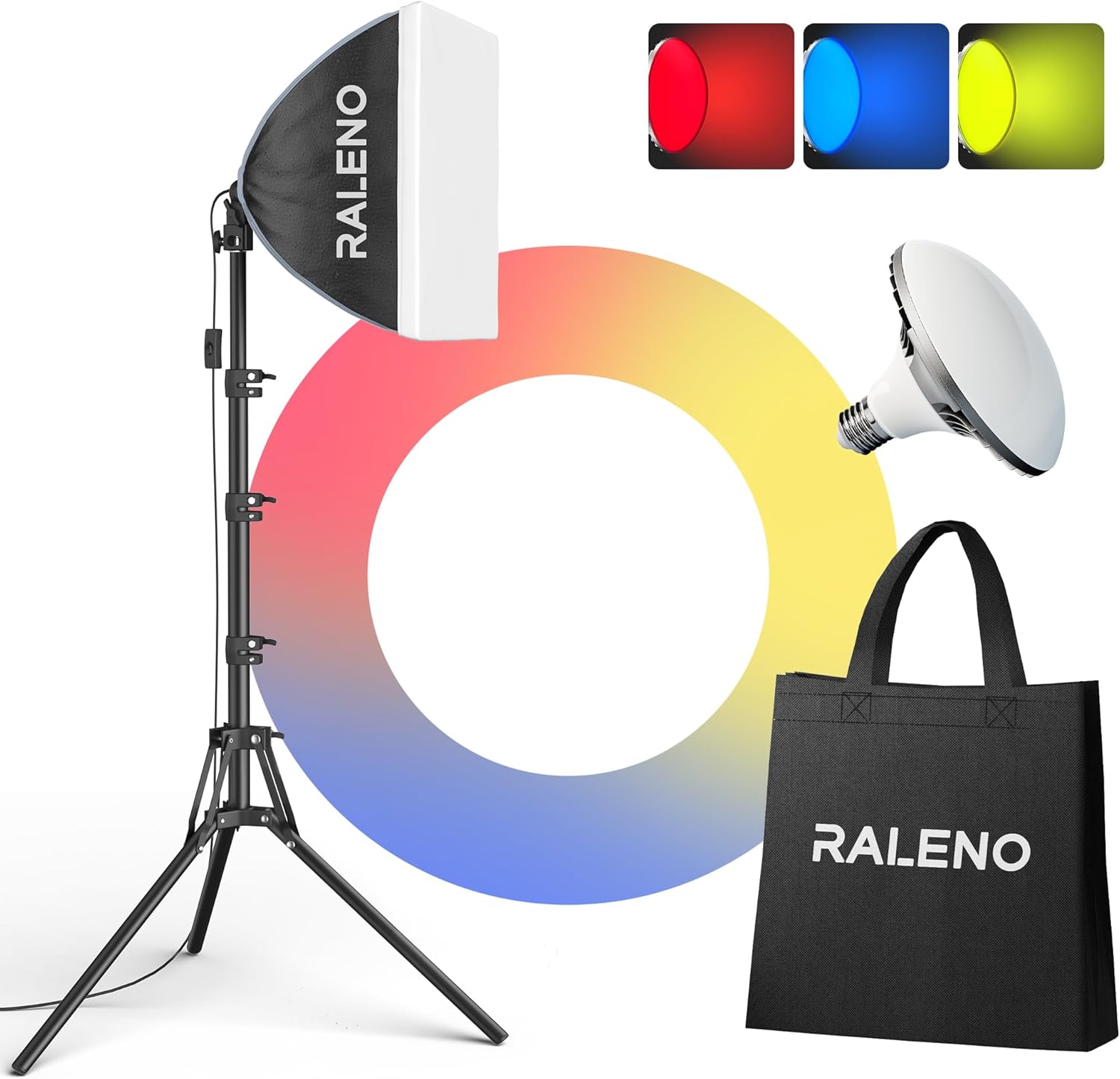 RALENO Softbox Lighting Kit, 16''x16'' Softbox, LED Video Lighting Kit with Various Light Colors (50W, 5500K, 97CRI, LED, 3 Color Covers, Storage Bag&Belt, 3m Cable) Model: PS075-1UDP2