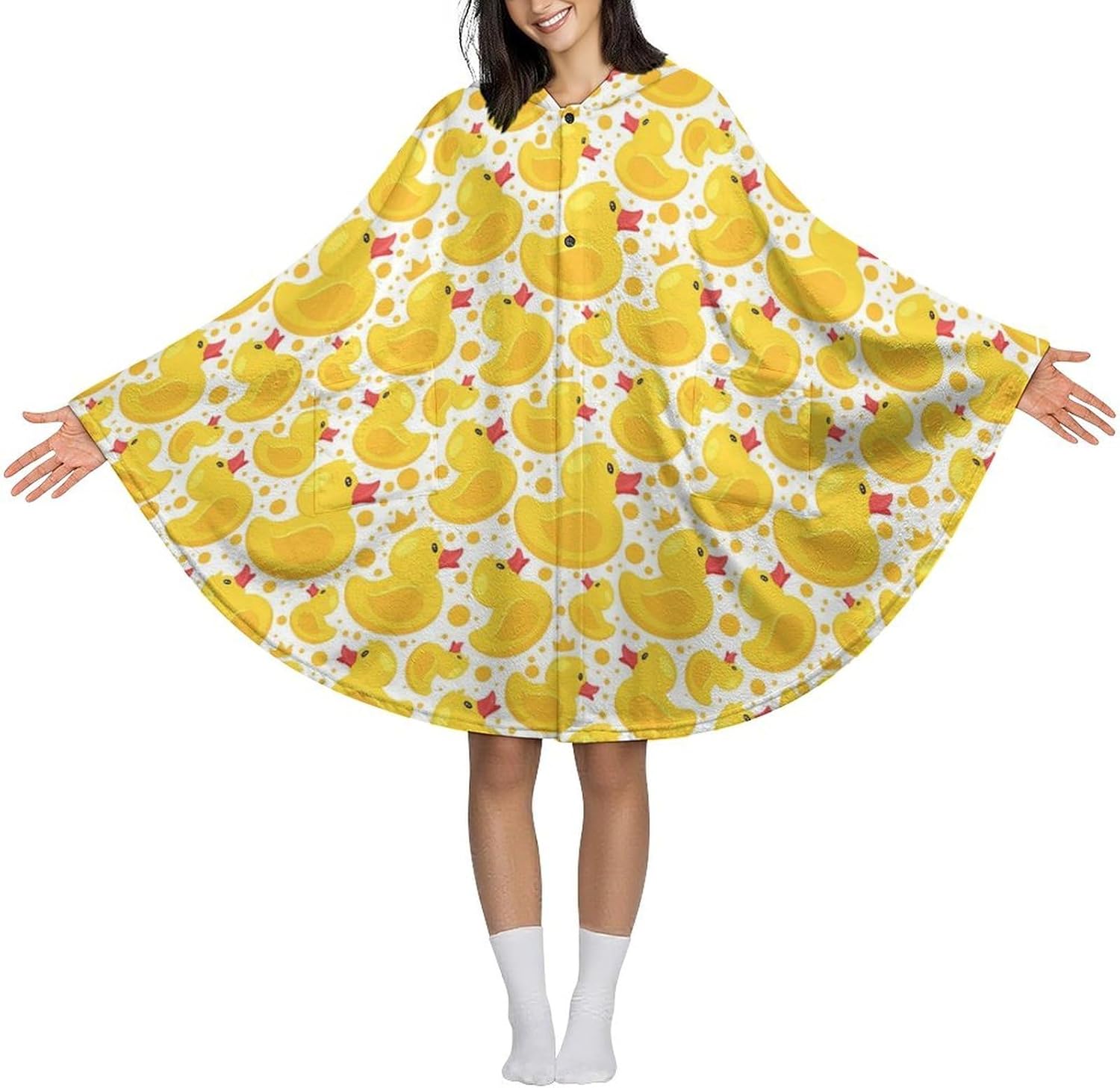 Cute Rubber Ducks Wearable Blanket with Hooded Flannel Blankets Cape with Pocket