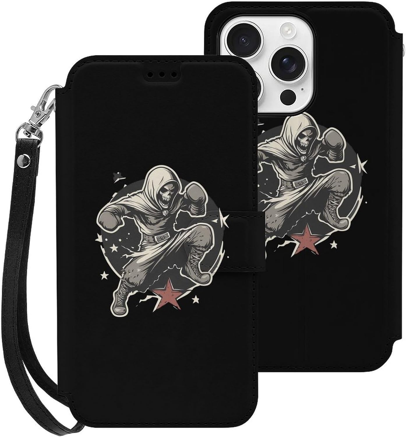 Death Boxing Punch Compatible with iPhone 16/16 Plus/16 Pro/16 Pro Max/16 E Case Phone Wallet Card Holder Flip Cover with Wrist Strap