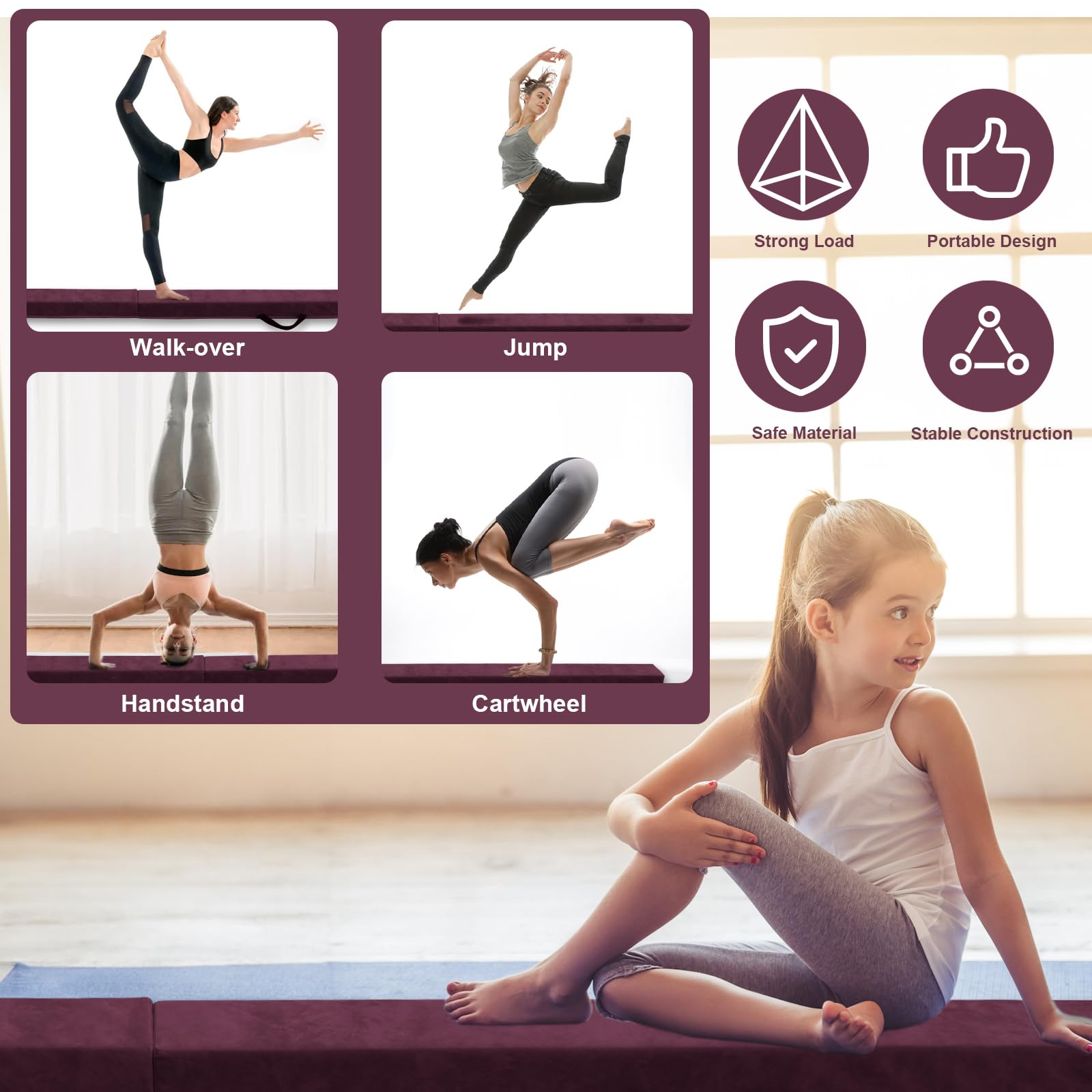 FBSPORT Barra de Equilibrio Gimnasia, 270cm Viga de Equilibrio Plegable, Viga de Equilibrio de Gimnasia, Viga de Equilibrio de Capa Flocada, Equipo para Niños, Barra Plegable de Equilibrio Gimnasia