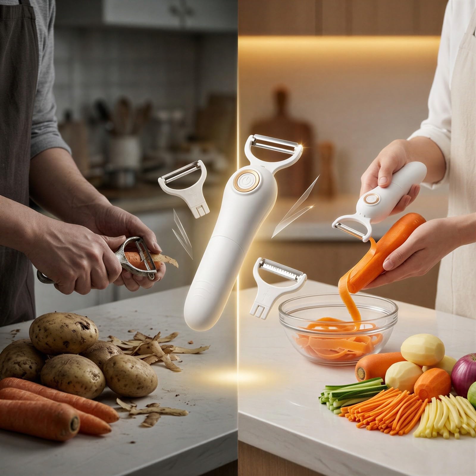 Elektrischer Handschäler, 6,7 in / 17 cm elektrischer Gemüseschäler mit 2 austauschbaren Metallklingen zum Schälen und Julienne, für Kartoffeln, Äpfel, Obst und Gemüse, Weiß und Gold