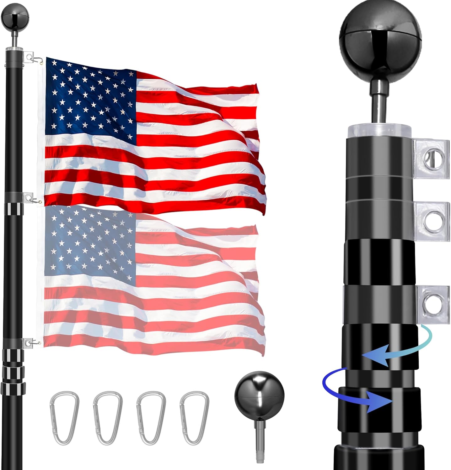 Flagpole for Outside House In Ground, 20FT Telescopic Flagpole Kit for Yard, Adjustable Extra Thick Aluminum Heavy Duty Flag Pole with 3x5 American Flag for Residential or Commercial, Black