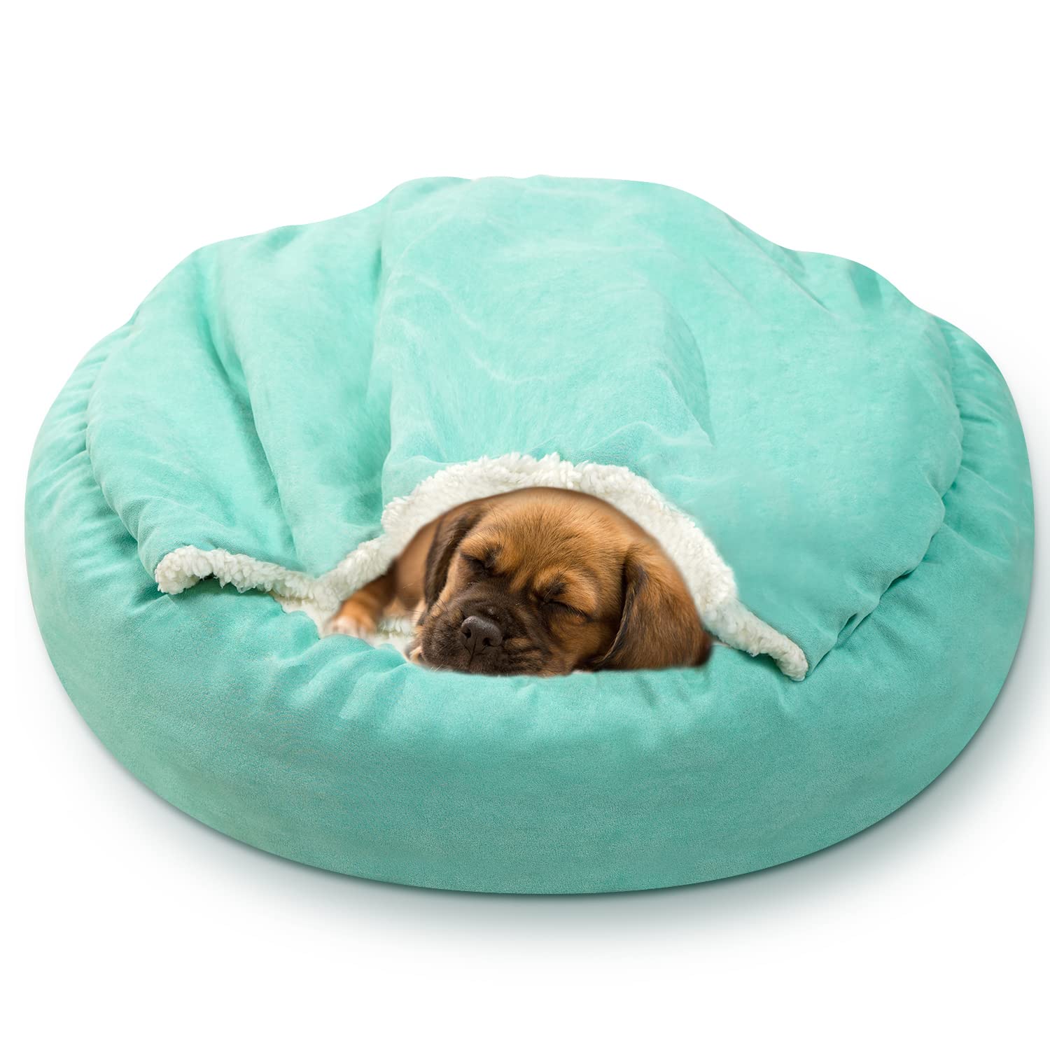 Lasaas Small Dog Bed with Blanket Attached Round Donut Cozy Cuddler Caliming Dog Bed with Removable Liner Soft Warmth Plush Puppy Pet Bed for Small Cats or Dogs Turquoise M
