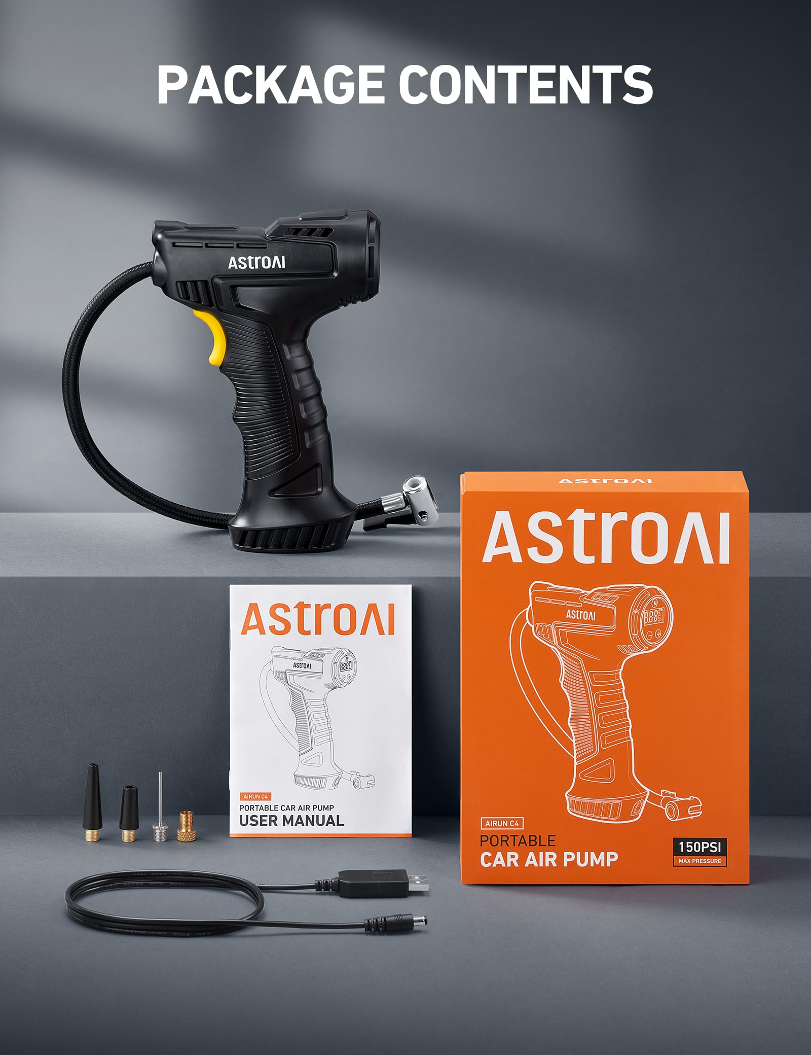 AstroAI Car Tyre Inflator Air Compressor, USB Rechargeable Battery Cordless Tyre Inflator, 150PSI Portable Handheld Tyre Pump Digital with Torch and 4 Adaptors for Car, Motorcycle Bike, Ball — view 6