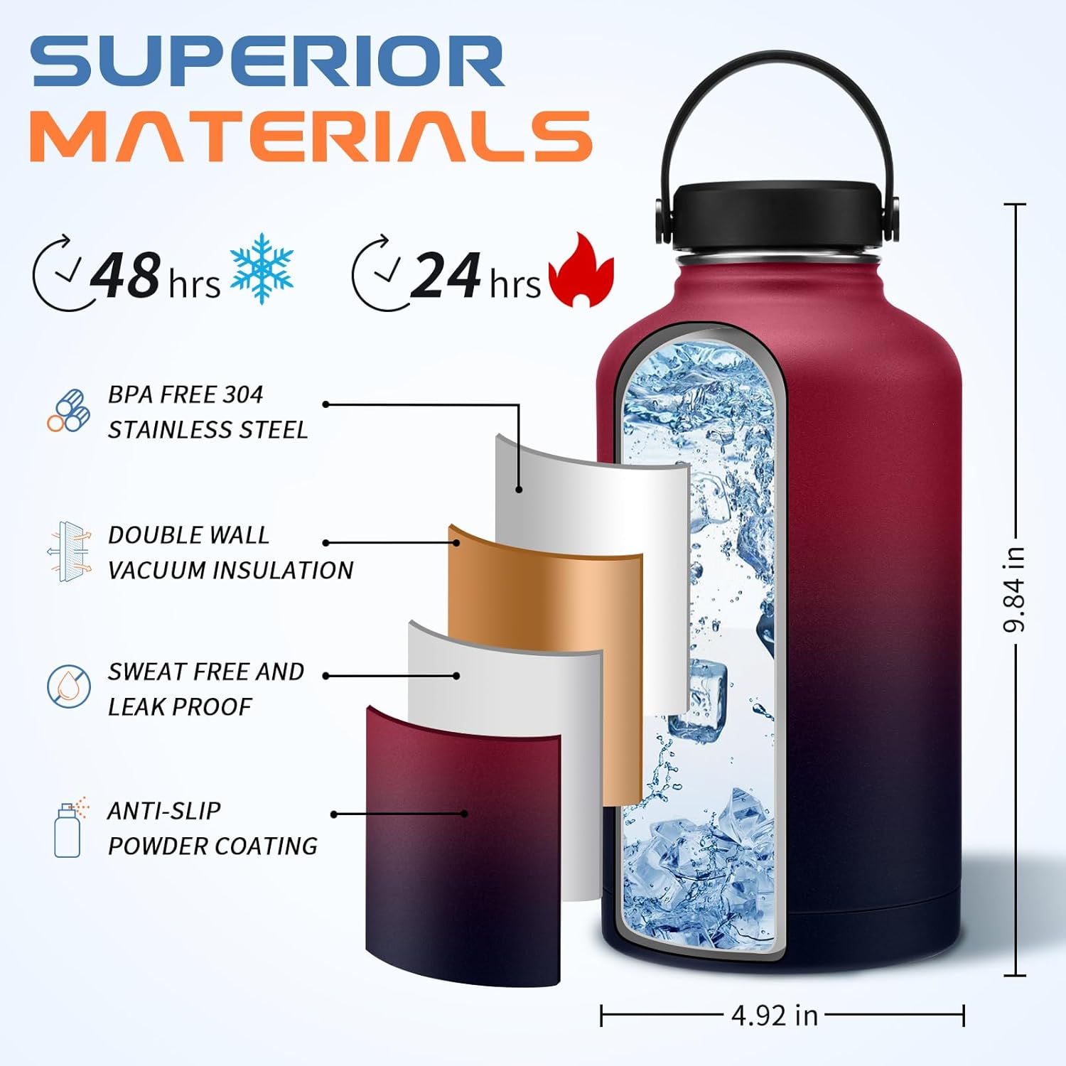40 oz Hiking Water Bottles Bundle with 60 oz Metal Water Bottle with Wide Mouth, Shoulder Carrier Bag & Paracord Handle, Large Water Bottle for Hiking Camping Trip Sport Work