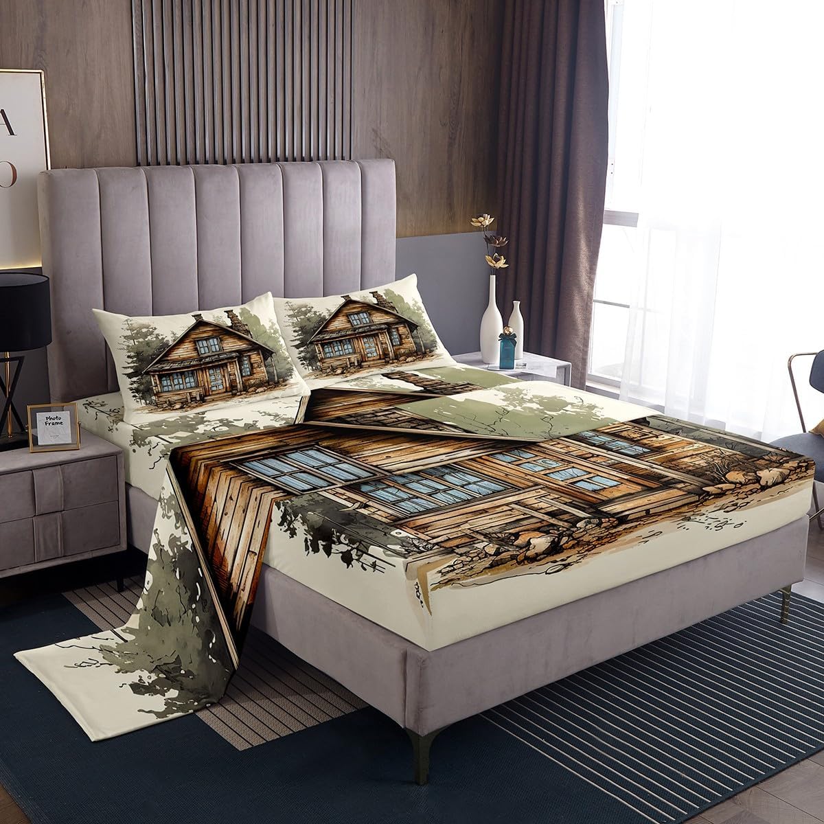 Erosebridal 4Pcs Rustic Cabin Sheet Set Queen Size, Lodge Country Style Bed Sheets Set Western Home Decor for All Season, 1 Fitted Sheet 1 Flat Sheet 2 Pillowcases