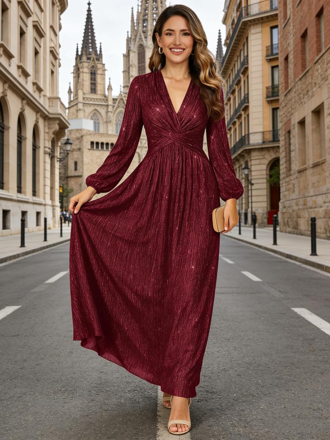 Verngo Glitter Tulle Prom Dresses for Women 2026 Long Sleeve A Line V Neck Formal Evening Cocktail Dress - Image 4