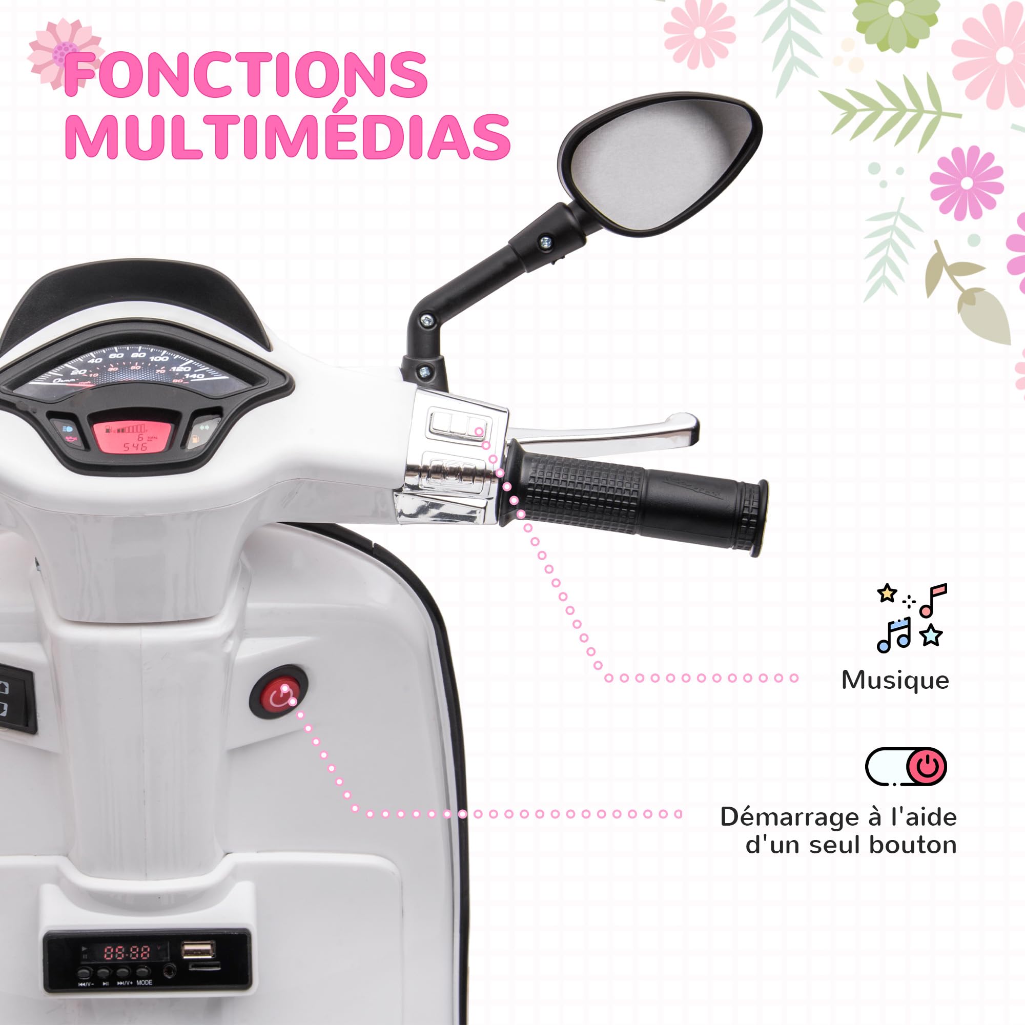 AIYAPLAY Skuter elektryczny dla dzieci Vespa 6 V elektryczny motocykl dla dzieci 3-6 lat muzyka MP3 port USB radio FM Reflektor 2 koła treningowe Maksymalne obciążenie. 35 kg - Słońce. 107L x 47l x