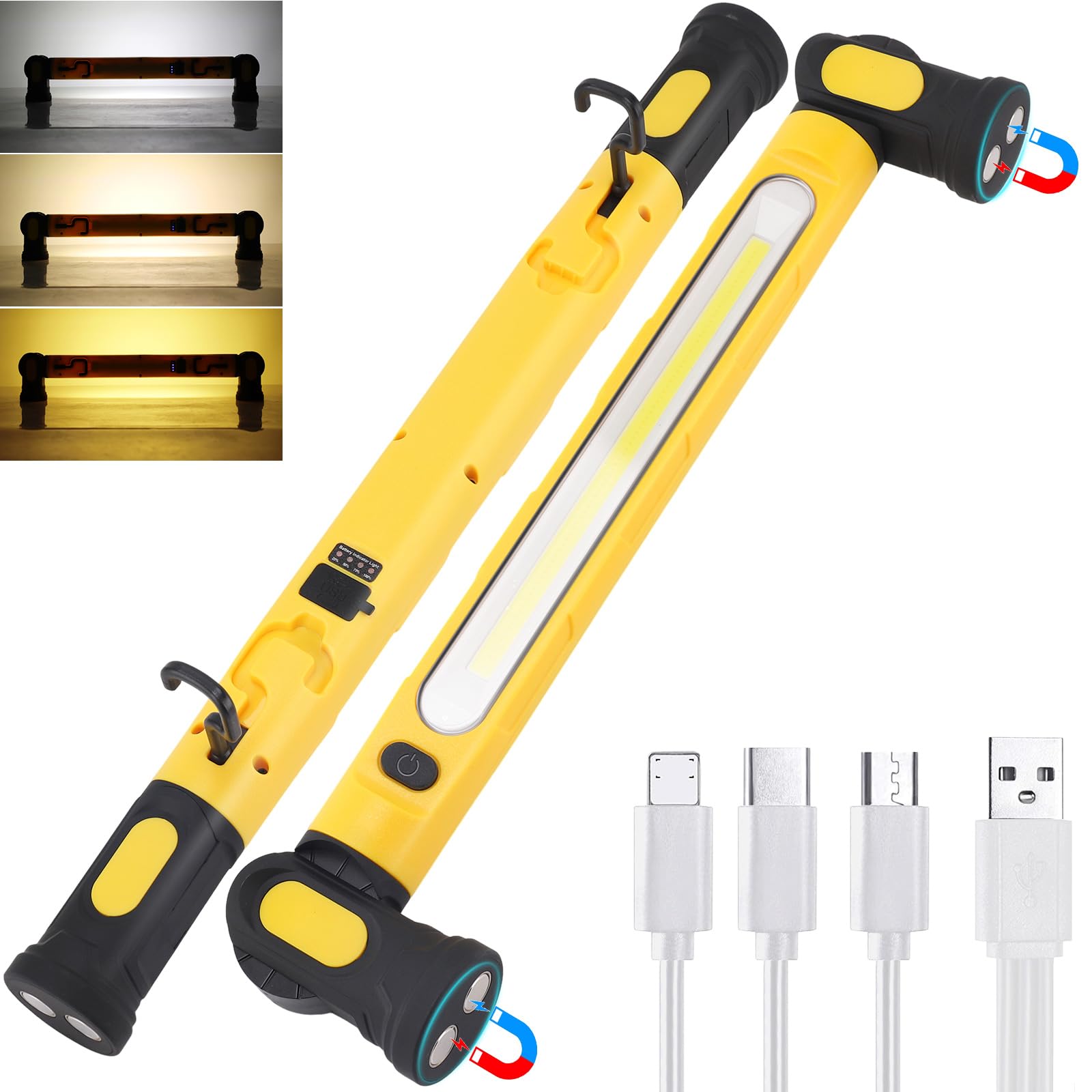 Lampada da Lavoro LED Ricaricabile Officina Torcia Magnetica con Calamita Meccanico Luce 5000 mAh Work Light di Ispezione Multifunzionale con Magnetico e Gancio, 3 Temperature di Colore [Giallo]