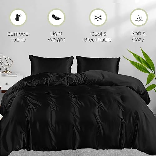 Miniatura 5 de Linenwalas Juego de funda de edredón tamaño Queen con sábana bajera de bolsillo profundo, rayón derivado de sábanas de seda suave de bambú, juego