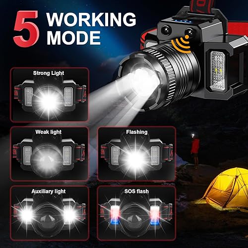 Miniatura 2 de Faros delanteros recargables para adultos, linterna de cabeza, faro impermeable con sensor de movimiento y función de zoom giratorio, ideal para