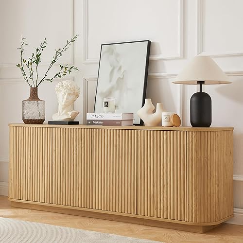 Miniatura 3 de LKTART Aparador de 64 pulgadas con almacenamiento, armario de almacenamiento de madera acanalada, aparador Credenza con estantes ajustables, resorte