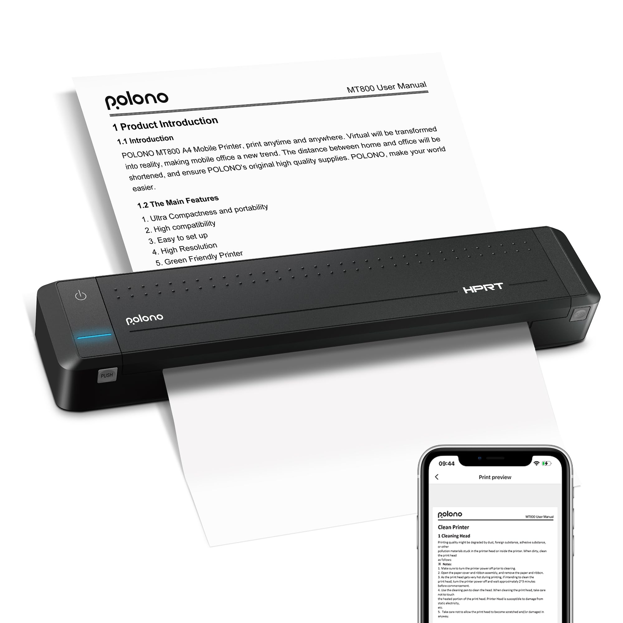 POLONO Portable Printer, MT800 2.0 Thermal Printer, Support 8.5" X 11" US Letter, Compatible with Android and iOS, Mobile Thermal Transfer Printer for Travel, Mobile Office and Home, Count