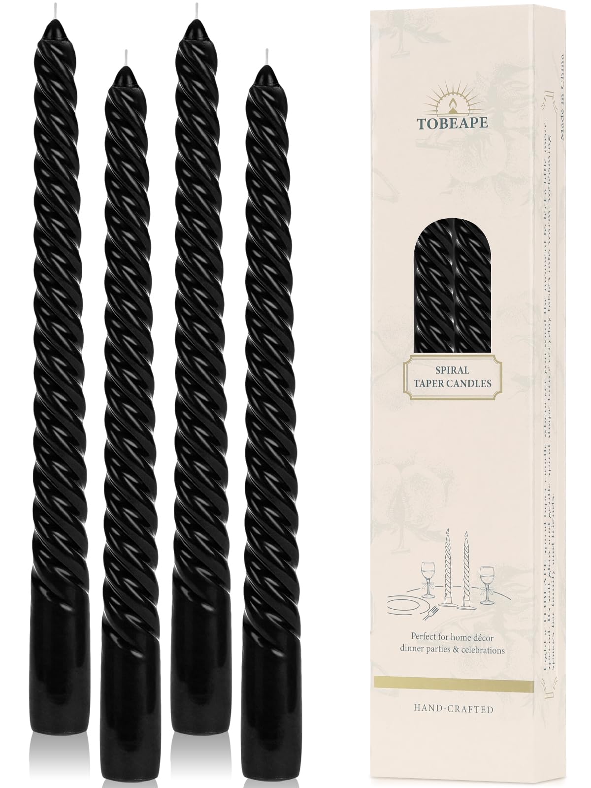 Tobeape Black Tapered Dinner Candles 4 Pack, 10 Inch Tall Twisted Decorative Table Candles, Unscented Household Wax Candles Long Burning with 8 Hour Burn Time for Home Decor Party Celebration Dining