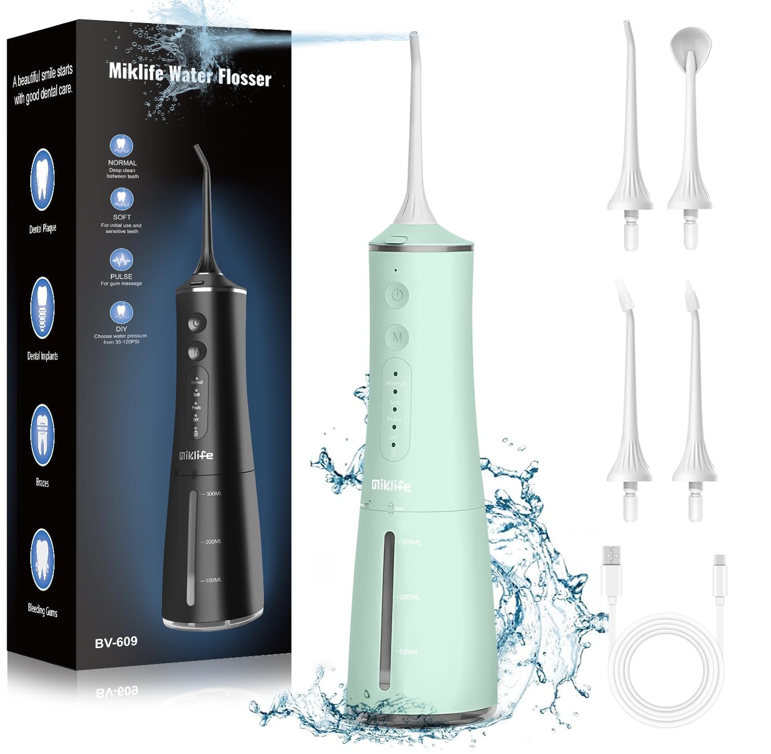 Water flosser Cordless, Dental Flossers USB Rechargable Teeth Flosser, Professional Electric Portable Oral Irrigator with 3 Modes Black For Teeth Cleaning