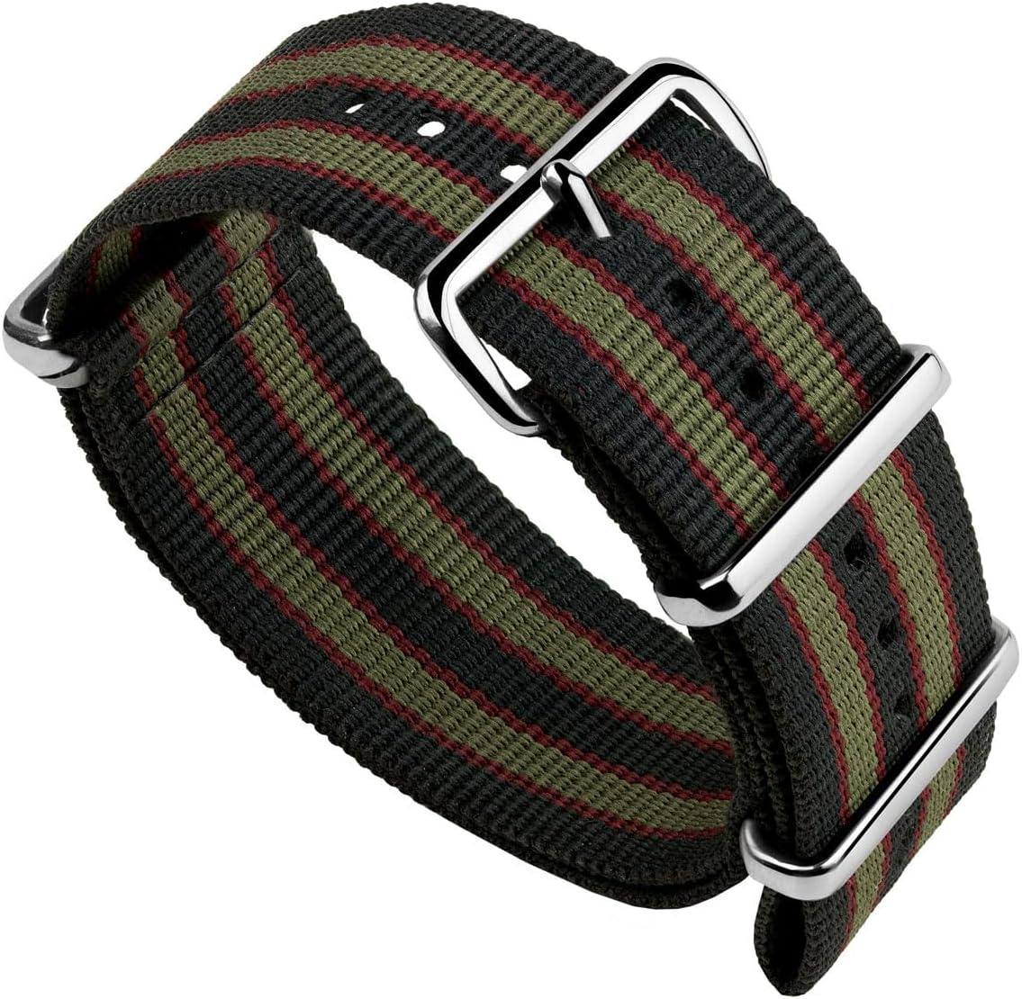 Geckota Vintage Bond 1973 British Military Nylon Mens Replacement Watch Strap. Dark Blue, Red and Olive Green Stripes. Rugged, Quick-Drying and Secure Wristwatch Strap - 18mm, 19mm, 20mm, 22mm