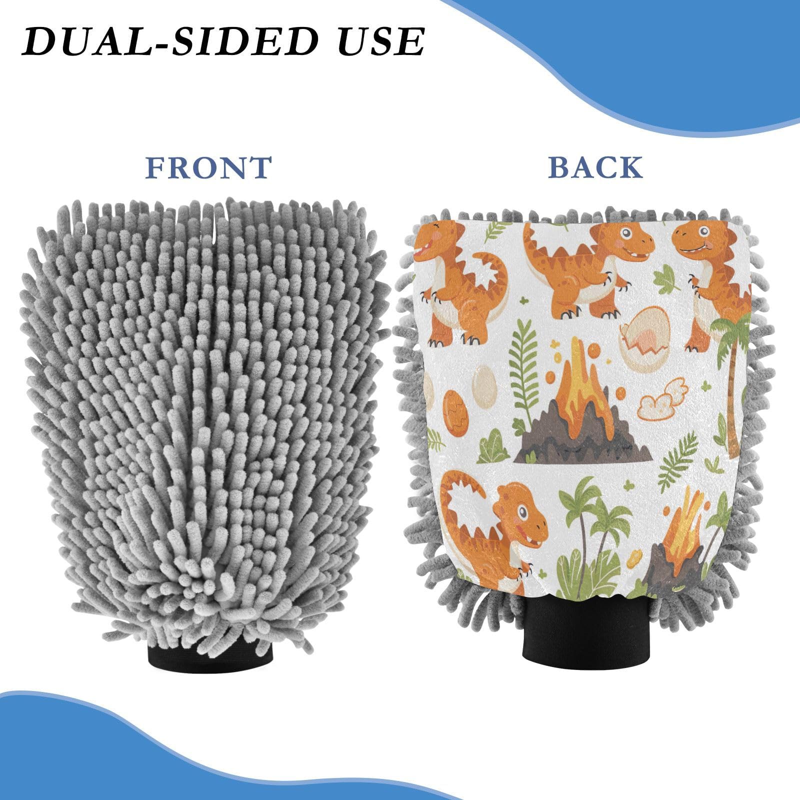 Kigai Cartoon Dinosaur Car Wash Mitt Microfiber, 2Pcs Scratch Free Lint-Free, Premium Chenille Microfiber Mitt Car Wash Brush-M
