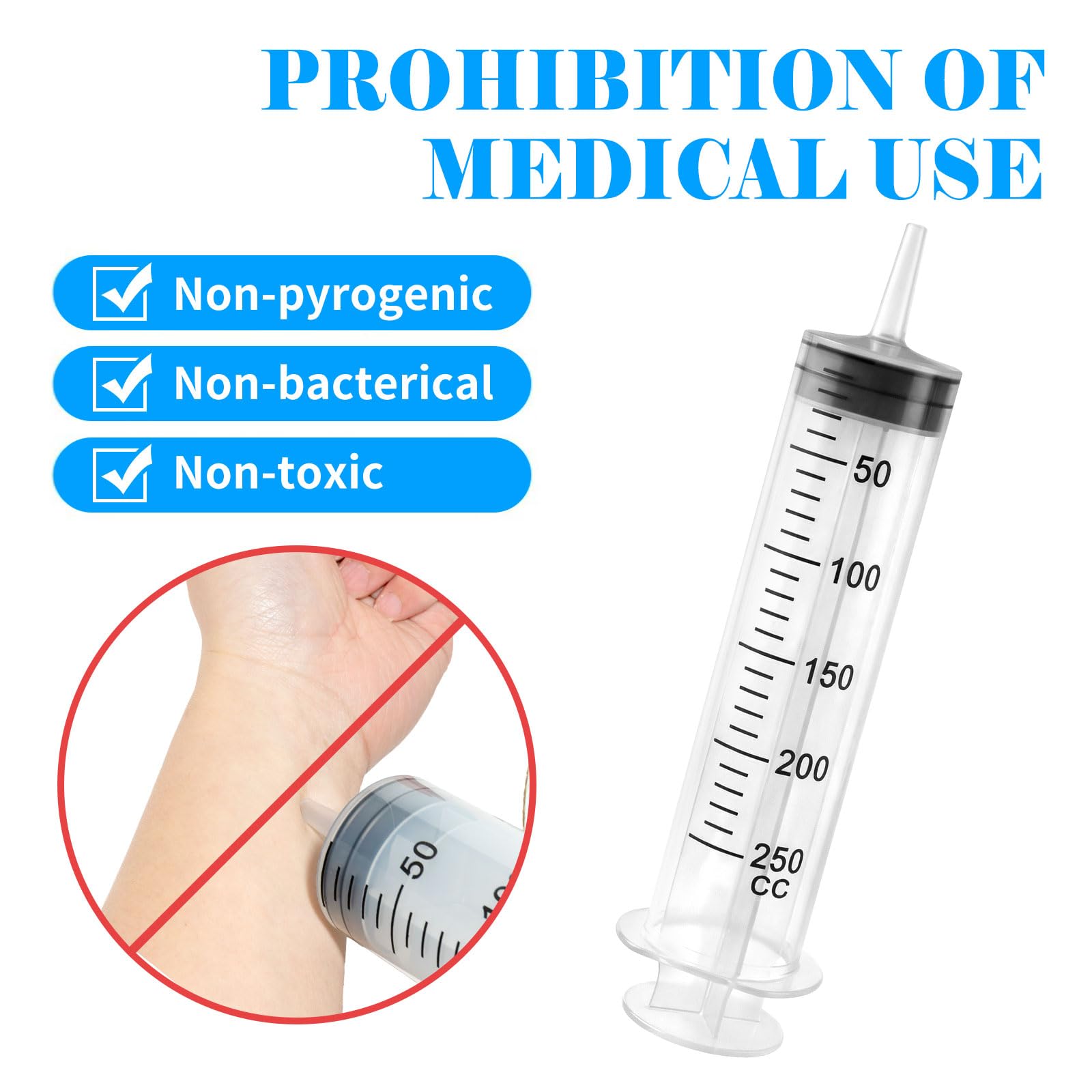 2 szt. Duża Strzykawka 250 ml, Strzykawka Bez Igły z Wąż do Laboratoriów | Plastikowy Wielokrotnego, Włączać 2 x 1 m wąż i Adapter, do Laboratoriów, Nauki, Przemysłu, Nawadniania i Pomiaru Cieczy