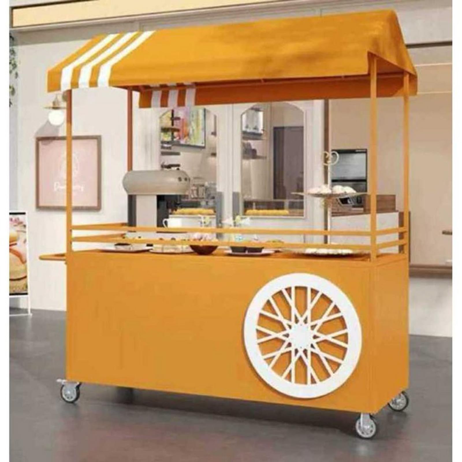 Portable Cart with Canopy, Outdoor Sales Stall Night Market Stall Early Mobile Food Truck Mobile Food Display Stand Float Promotion (Yellow)