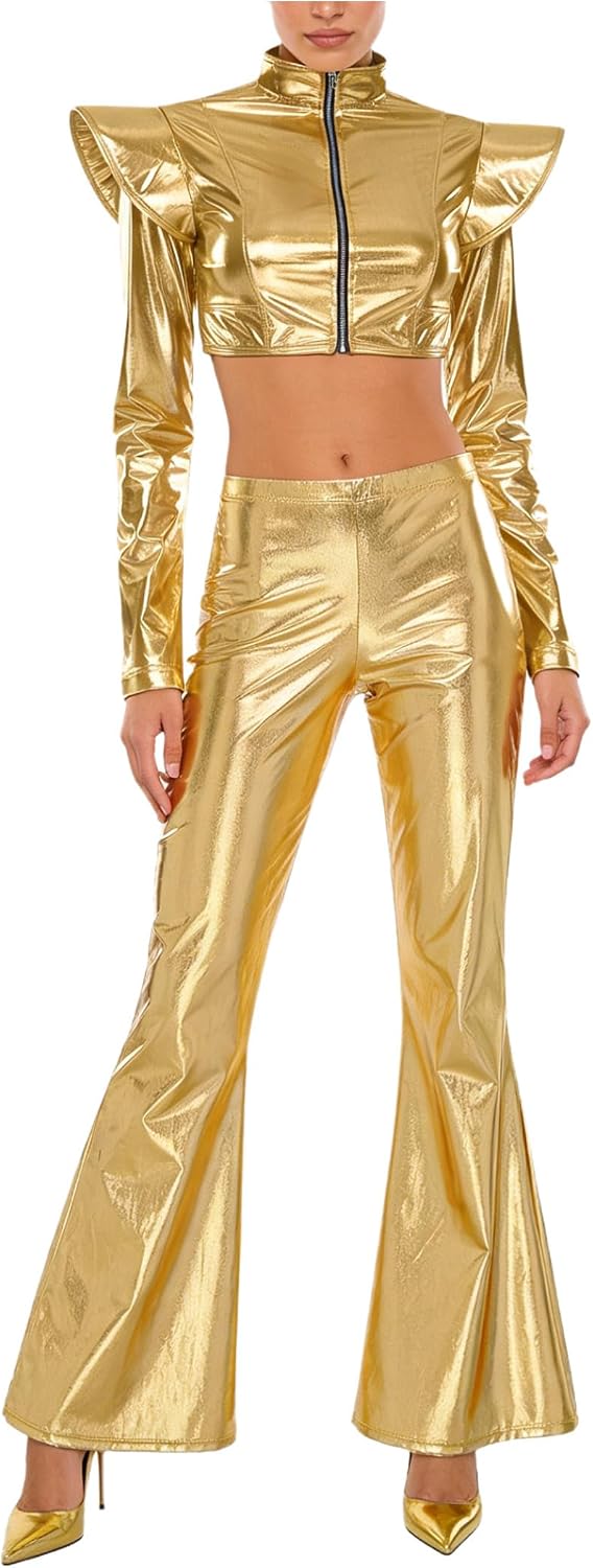 Womens Metallic Shiny Club Outfit Long Sleeve Crop Top with Flared Pants Rave Dance Wear