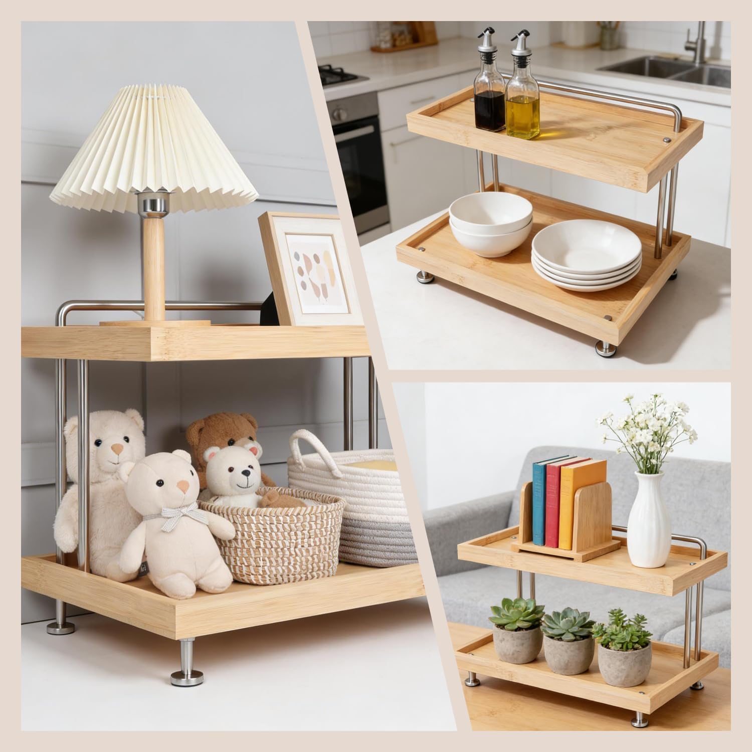 HYNAWIN Bamboo Two-Tier Storage Rack，Tabletop Storage Organizer for Kitchen, Bathroom, Office, and Home Use