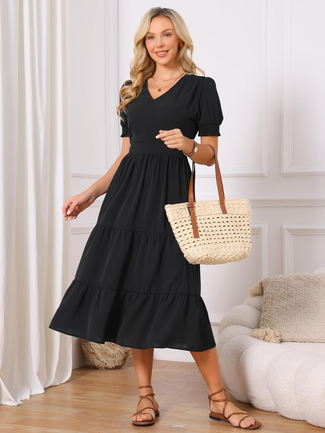 Seta T Women's Summer Dress Casual Short Sleeve V Neck A-Line Smocked Ruffle Tiered Flowy Beach Midi Dresses with Pockets - Image 3