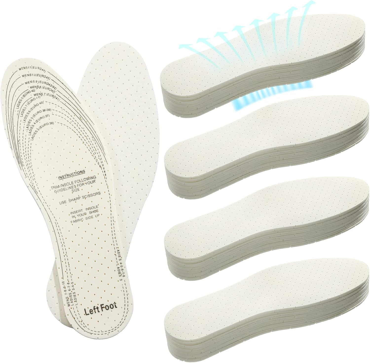 Vabean 24 Pairs Breathable Shoe Inserts, Cut to Fit Latex Insoles for Men Women, Stopping Sweat Inserts Soft Cushioning with Holes Walking Comfort Insole for Unisex Men 7-11 Women 3-8