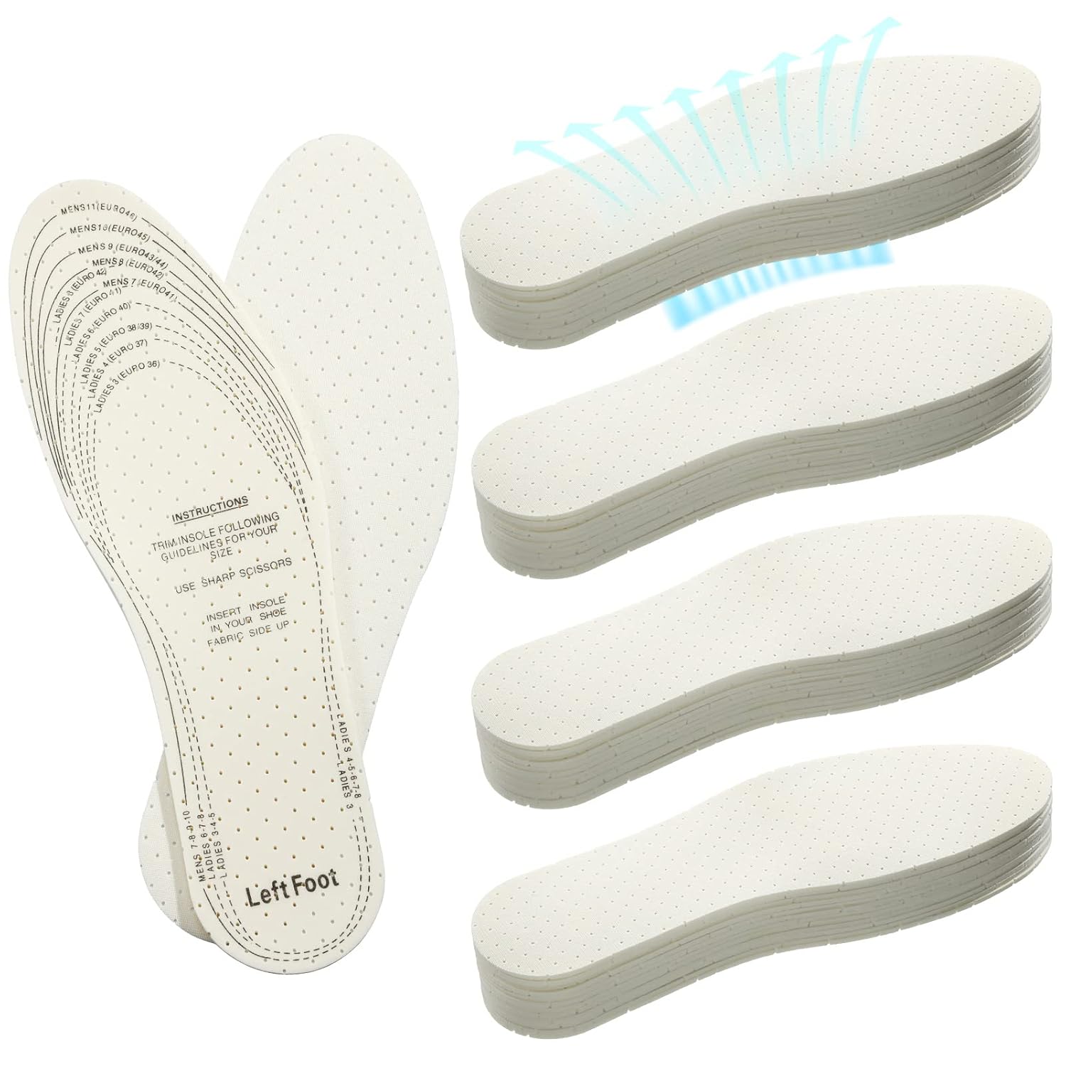 Vabean 24 Pares de Palmilhas Respiratórias em Látex, Cortáveis para Homens e Mulheres, Inserções que Eliminam o Suor com Amortecimento Macio e Conforto ao Caminhar para o Tamanho Unissex 35-43