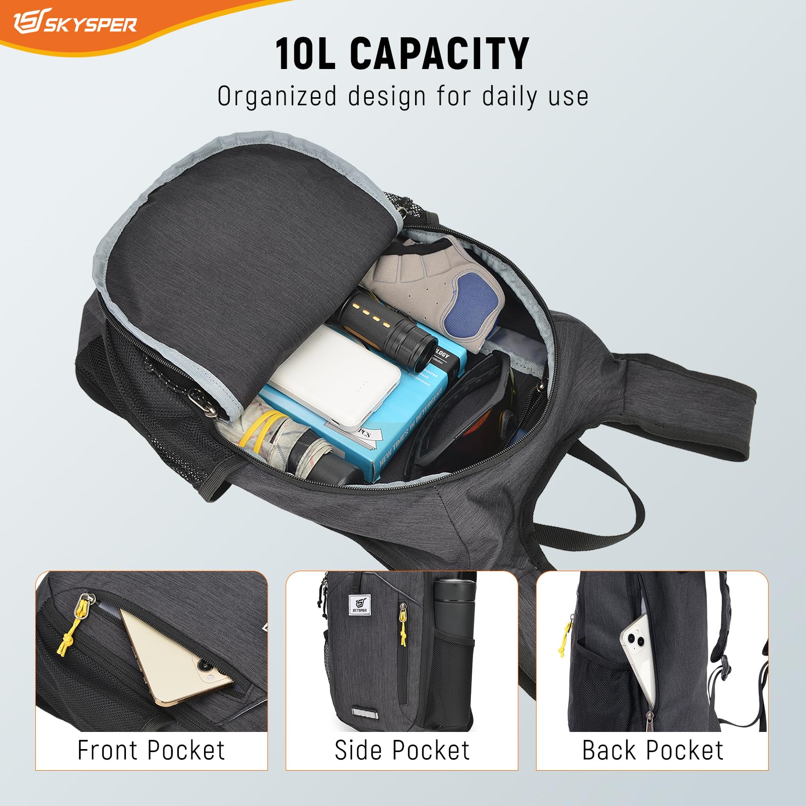 Mochila de senderismo pequeña de 10 L, plegable, ligera, para senderismo, viaje, para mujeres y hombres, Negro -, Pequeño, Moderno 3