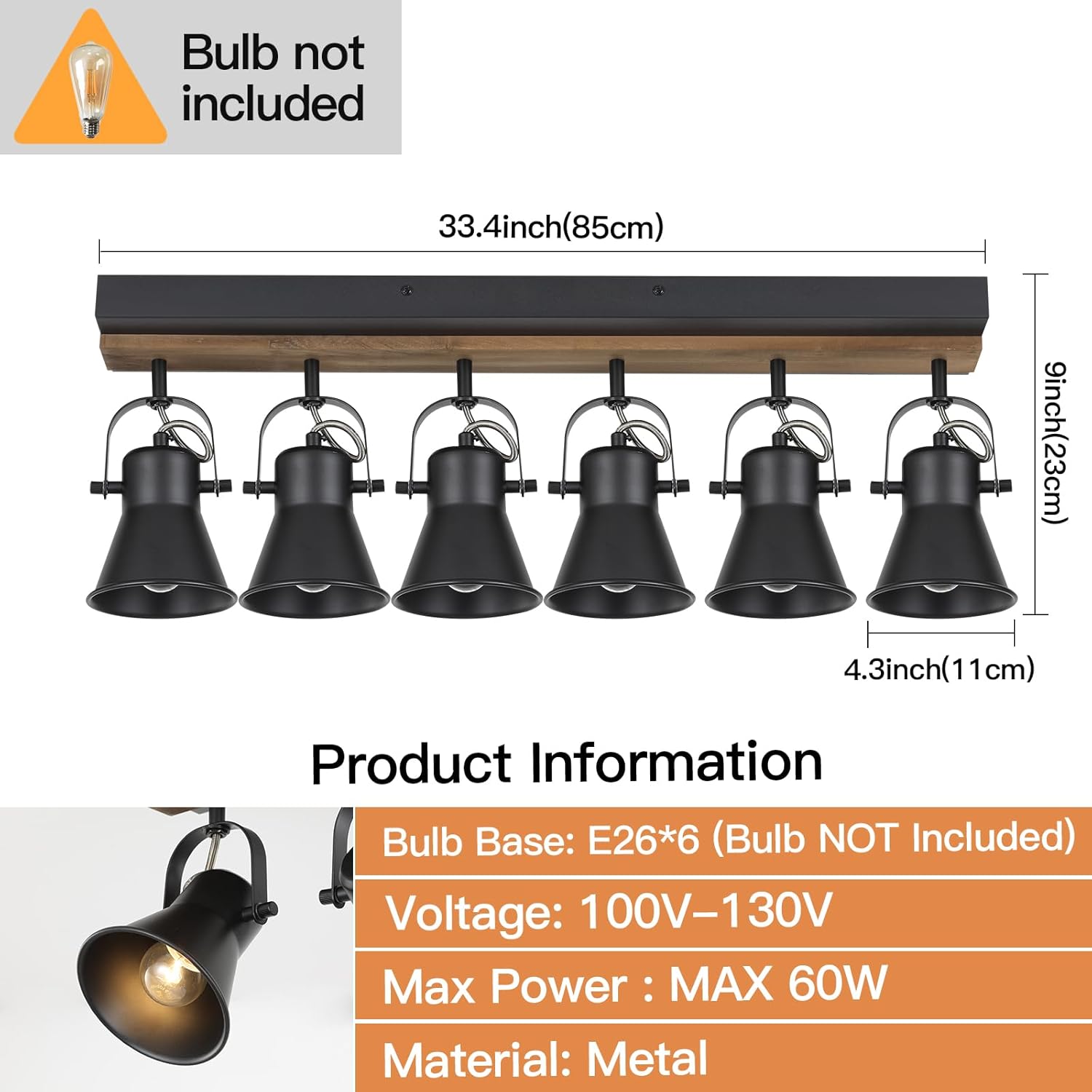 SEEBLEN 6-Light Track Light Fixtures Ceiling/Wall Mount, Adjustable Spotlight, Industrial Black Kitchen Lighting for Living Room, Dining Room, Hallway, Bathroom
