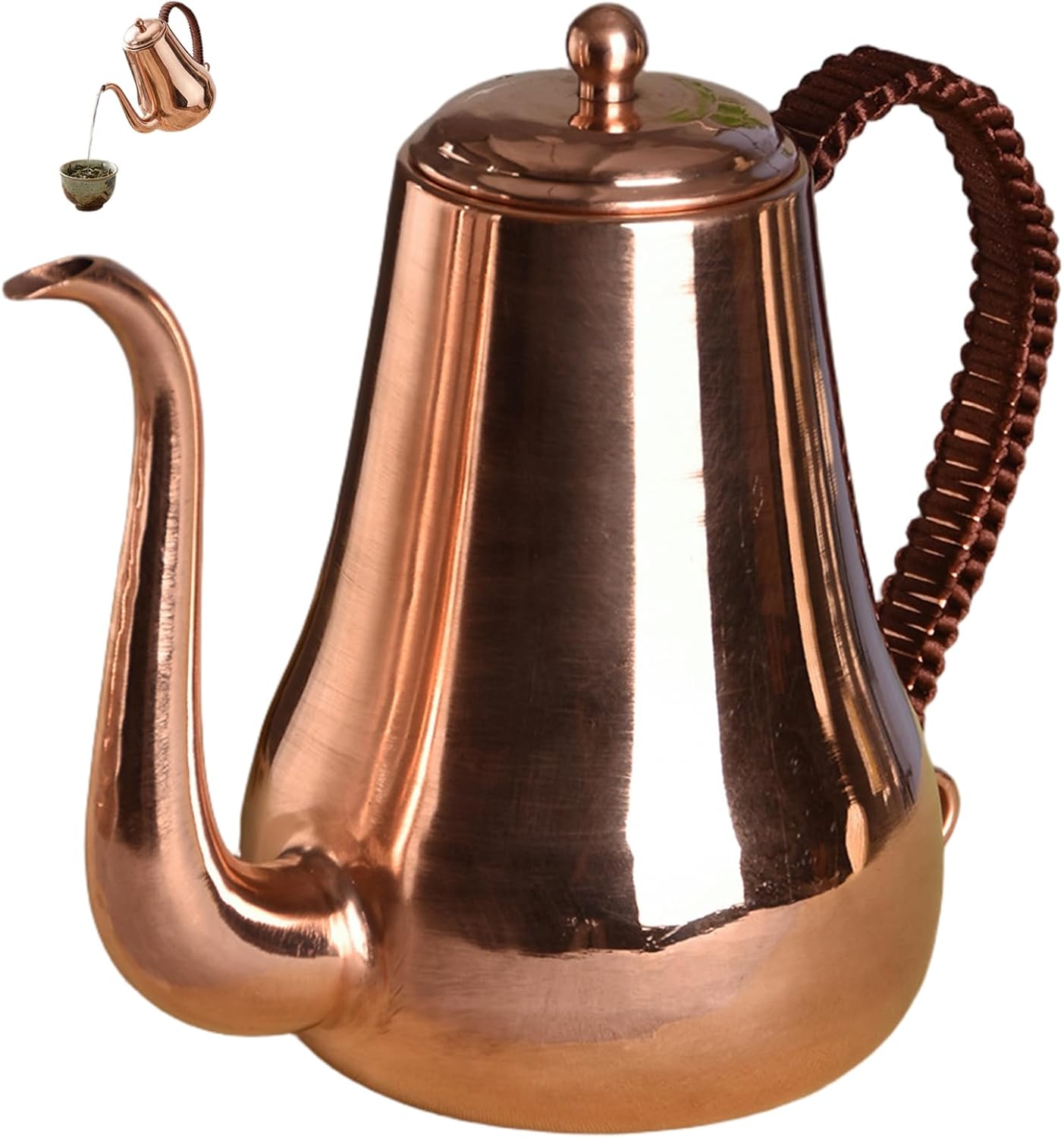 Copper Tea Kettle for Pour Over Coffee and Tea 1L Stovetop Kettle with Safe Coating-Free Interior Classic Brown Copper Pot, Smooth