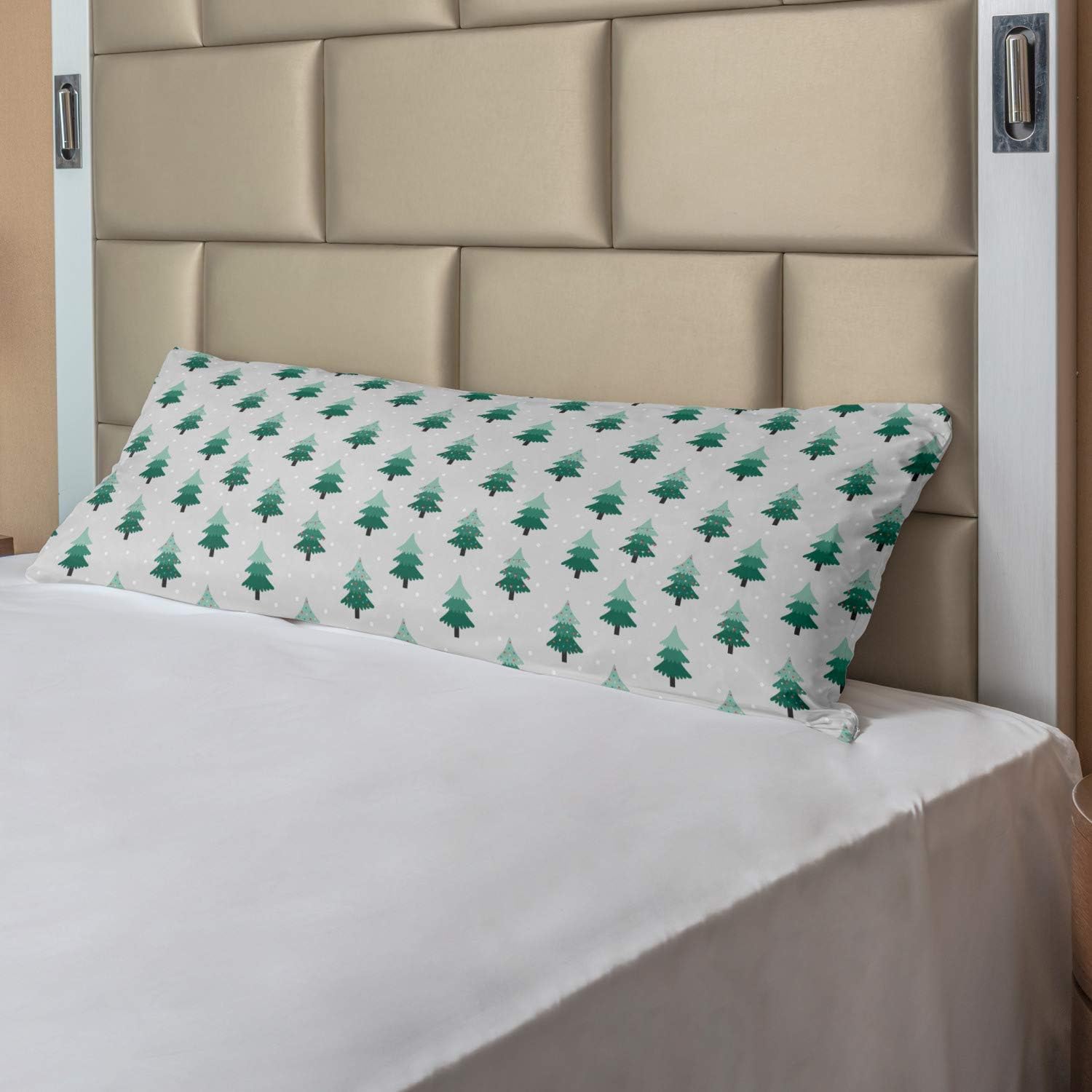 Ambesonne Green Xmas Body Pillow Case Cover with Zipper, Winter Season Cold Associated Ornamental Pine Trees Snows Continuous, Decorative Accent Long Pillowcase, 21" x 54", Pale Grey Dark Brown