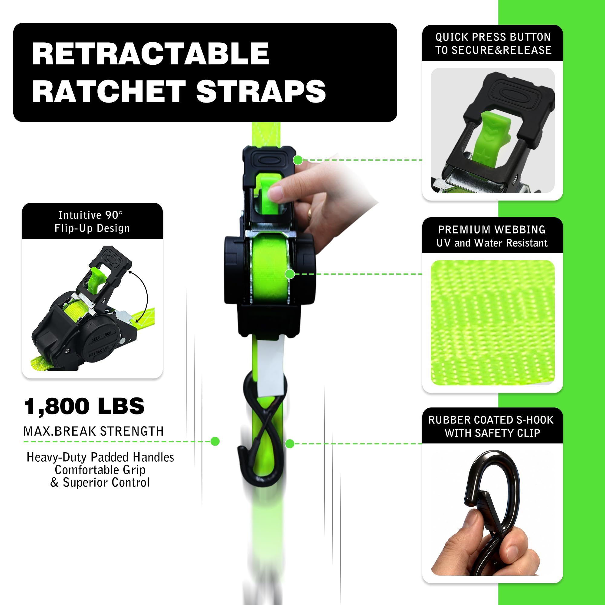 Retractable Ratchet Straps - 13ft, 1" Wide, 1800 Lbs -3 Retractable Ratchet Straps - 13ft, 1" Wide, 1800 Lbs -3