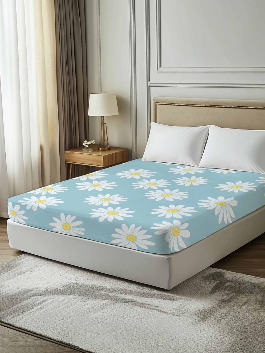 Full Flat Sheet, White Teal Daisy Full Bed Sheets Only, Soft Microfiber Flat Sheet, Spring Summer Floral Botanical Hotel Quality Bedding Top Sheet Bedroom Home Dorm Decor