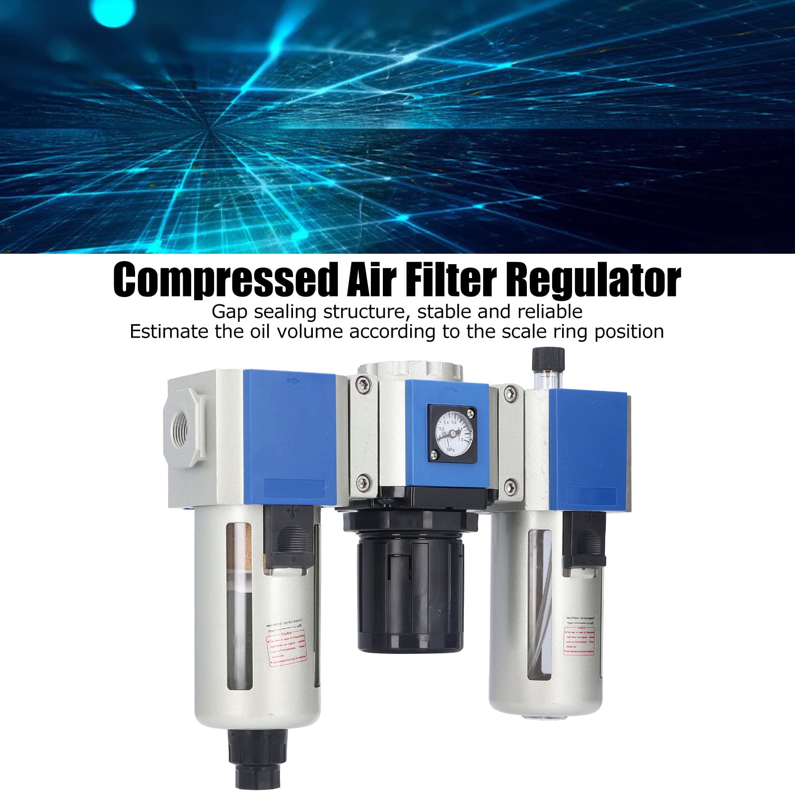 FTVOGUE Combinación de Lubricador Regulador de Filtro de Aire de 3 Etapas con Taza de Aceite de 160CC, Sellado de Espacios de Taza de Agua de 80CC para de Aire Comprimido (GC400-10)
