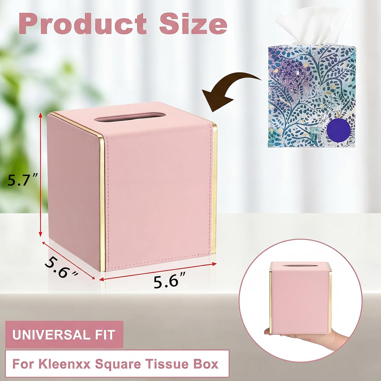 Sumnacon PU Square Tissue Box Cover, Magnetic Bottom, Waterproof, Pink image 4
