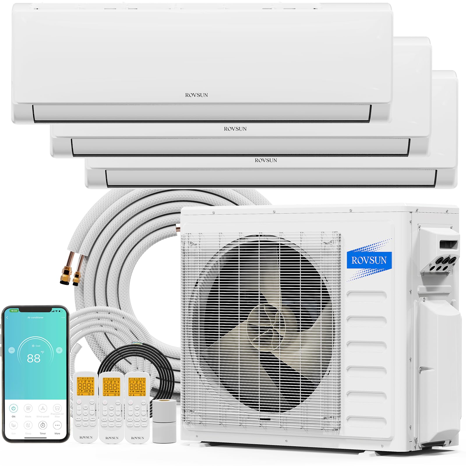Sistema de calefacción minisplit ROVSUN de 28 000 BTU con wifi, trizona, 20 SEER², 3 zonas, 9000 BTU, sin ductos, con bomba de calor de condensador precargado, línea de 7,6 m, 208 V-230 V