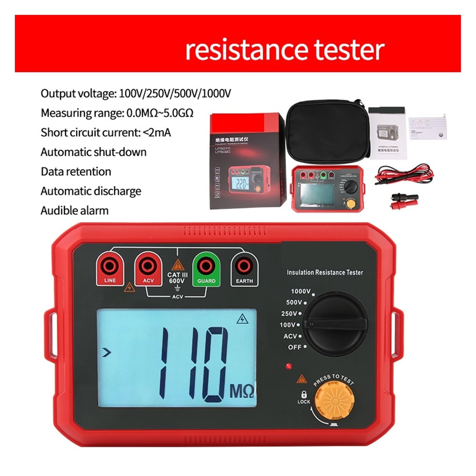 Probador de Resistencia de Aislamiento de Tierra Digital Megger 1000V 2500V medidor de ohmios Profesional