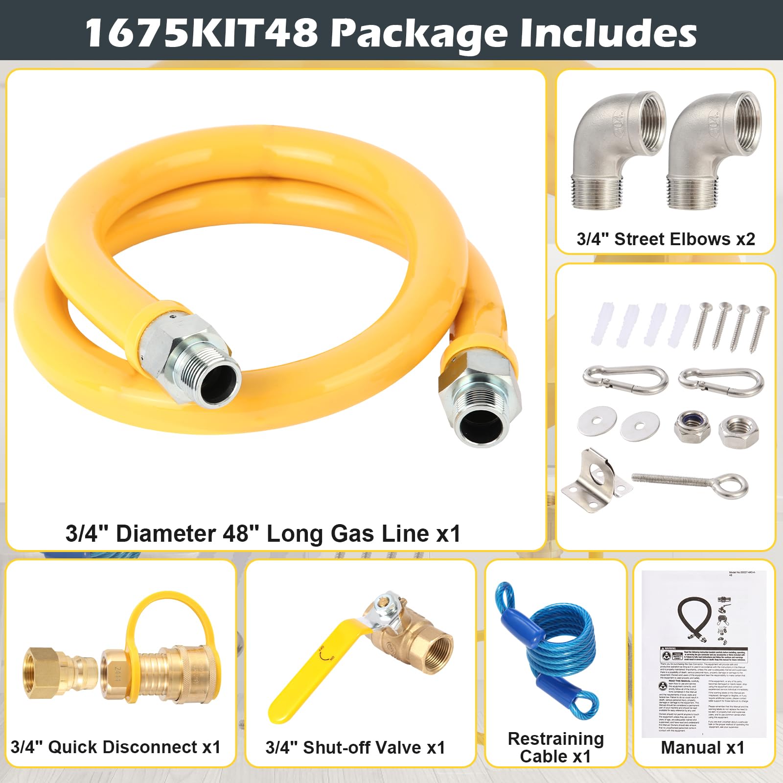 Wayona Manguera de gas de 3/4 pulgadas con accesorios de conexión rápida, kit de conector de línea flexible de gas de 48 pulgadas, kit de sistema de seguridad 1675kit48, manguera de línea de gas
