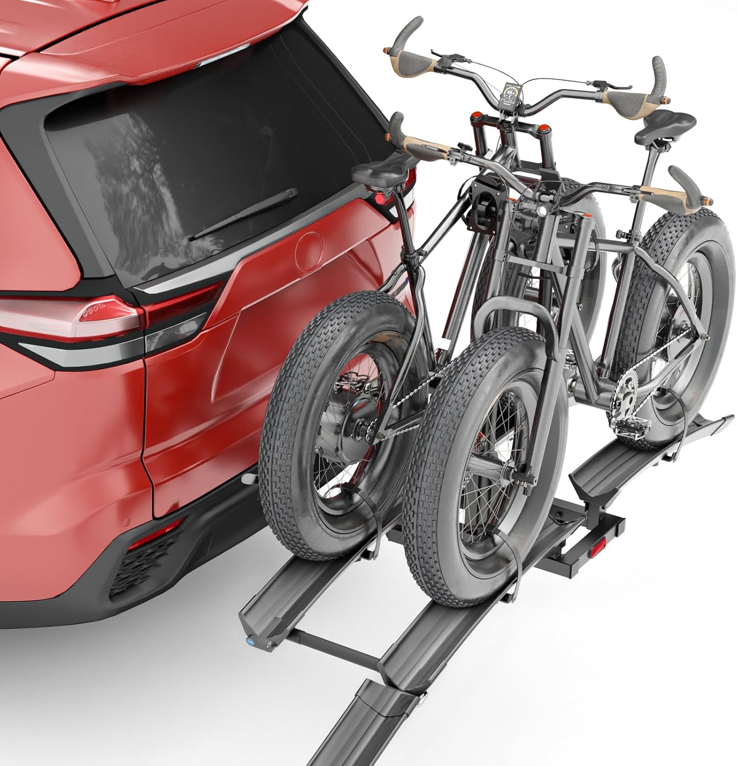 YZONA Foldable EBike Rack with Ramp for 2 Heavy Ebike, Fits 5'' Fat Tire Hitch Bike Rack, XXL Wheel Straps, Lockable & Tiltable, for Cars, SUVs, Trucks, Trailers