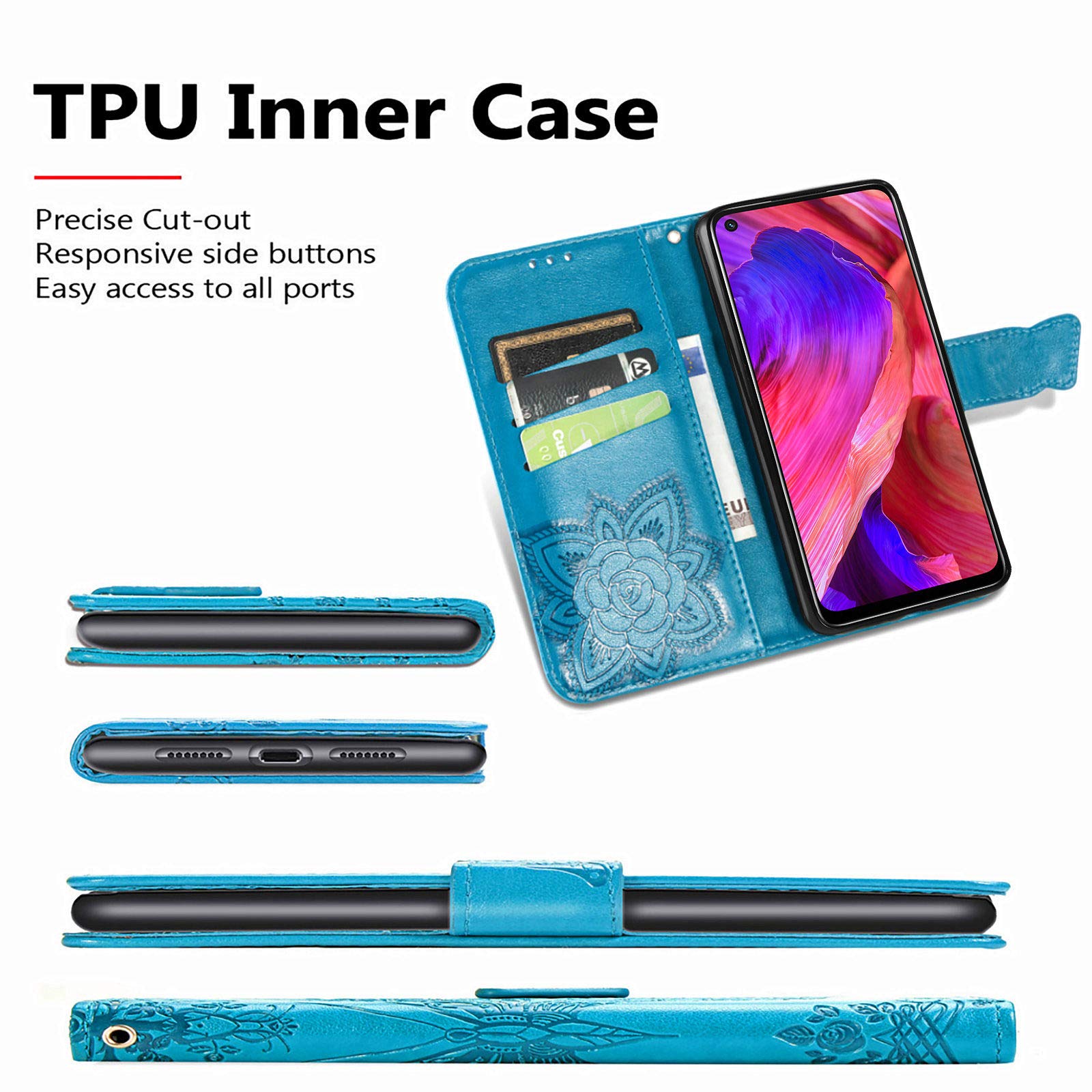 DEDUX Cover Portafoglio Per Oppo A54 5G / A74 5G - Con Farfalle E Fiori In Rilievo 3D - Blu - Custodia A Libro Con Slot E Supporto - 4