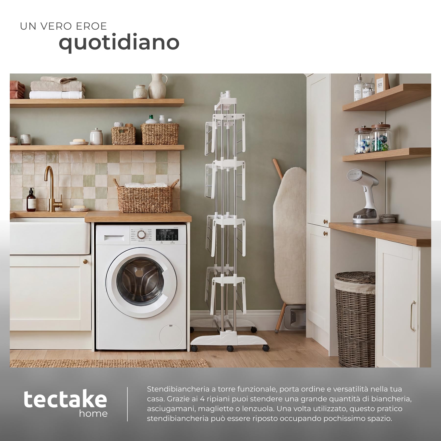 tectake® Stendino Verticale a Torre 125x63x179cm, Stendino da Balcone o Interno, Stendibiancheria 4 Ripiani, Rotelle, Stendibiancheria Pieghevole, Stendipanni Salvaspazio per Bucato, Lenzuola - Bianco