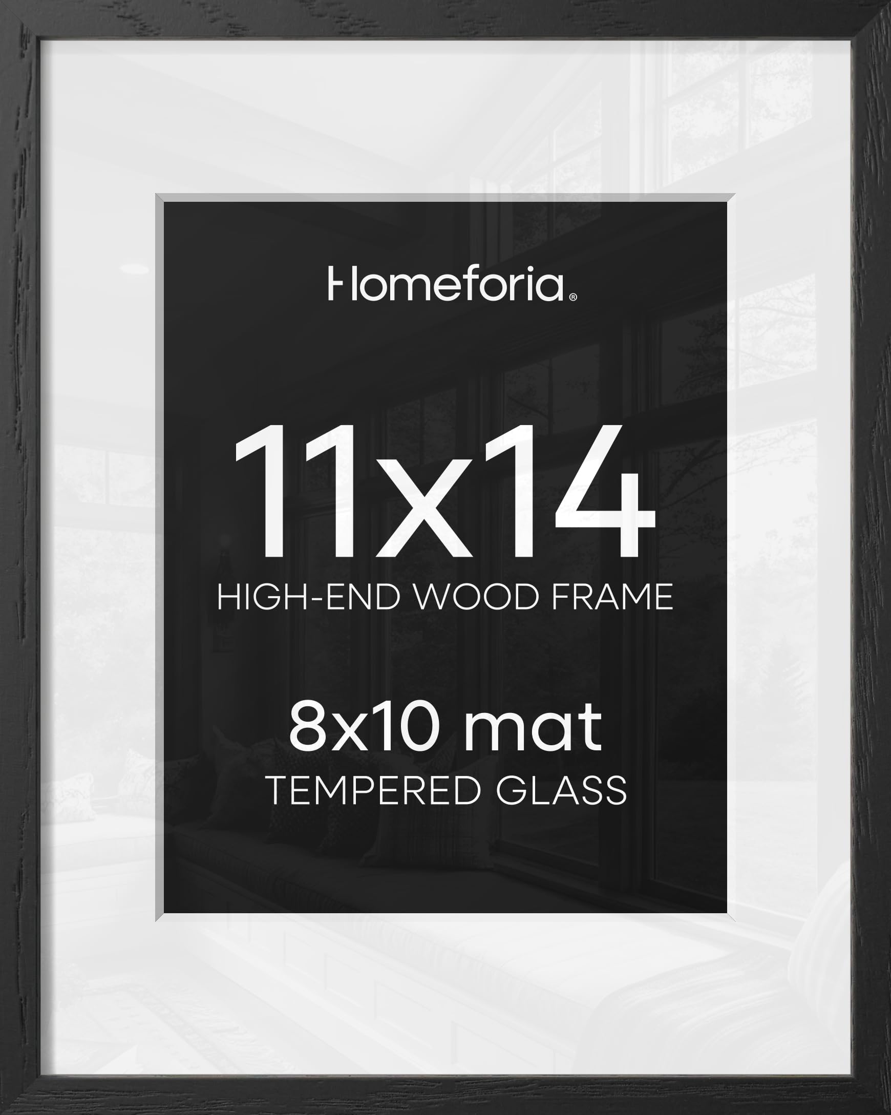 Homeforia 11x14 Black Oak Picture Frame, High-End Wood, 8x10 Mat, Glass | High End Solid Oak Wood, Tempered Glass, Acid-Free 8x10 Removable Mat, 11x14 Edge-to-Edge Display 14x11, Wall Kit, Set Of 2