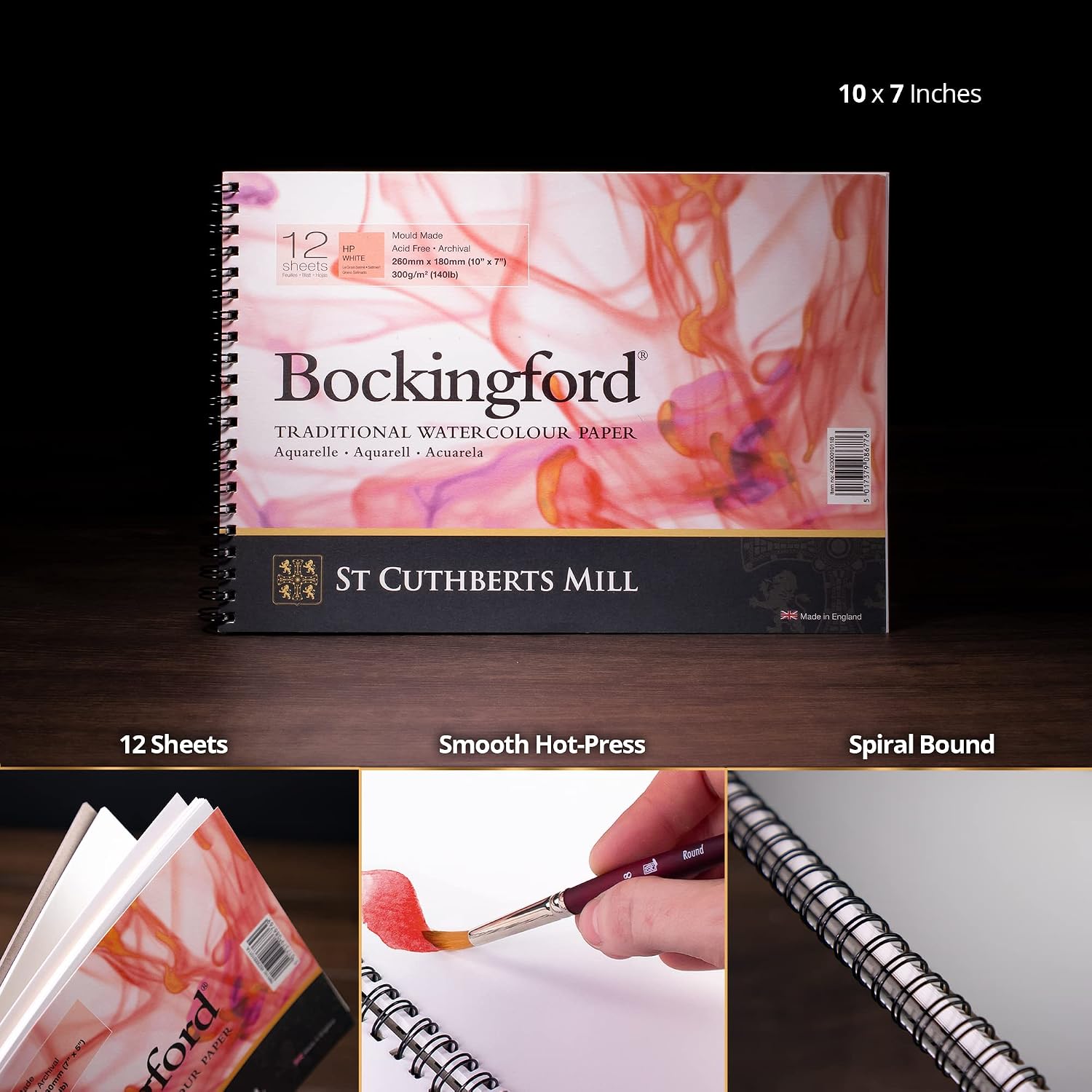 St. Cuthberts Mill Bockingford Watercolor Paper Spiral Pad - 10x7-inch White Water Color Paper for Artists - 12 Sheets of 140lb Hot Press Watercolor Paper for Gouache Ink Acrylic Charcoal and More