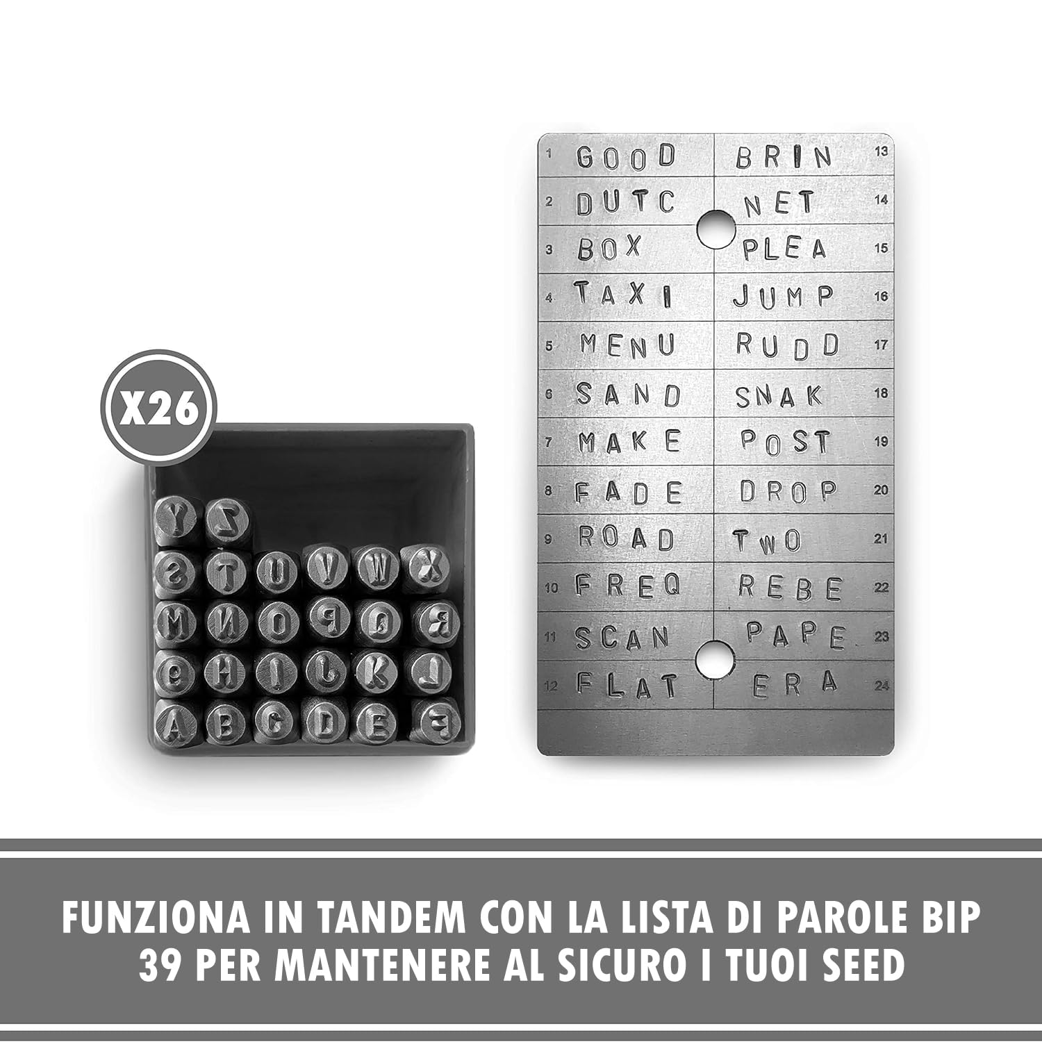 ColdTi - Piastra in Titanio per Seed Phrase Bitcoin (2 Piastre + Lettere + Sigilli) - Archiviazione Sicura per Criptovalute - Compatibile con Ledger, Trezor e Hardware Wallet